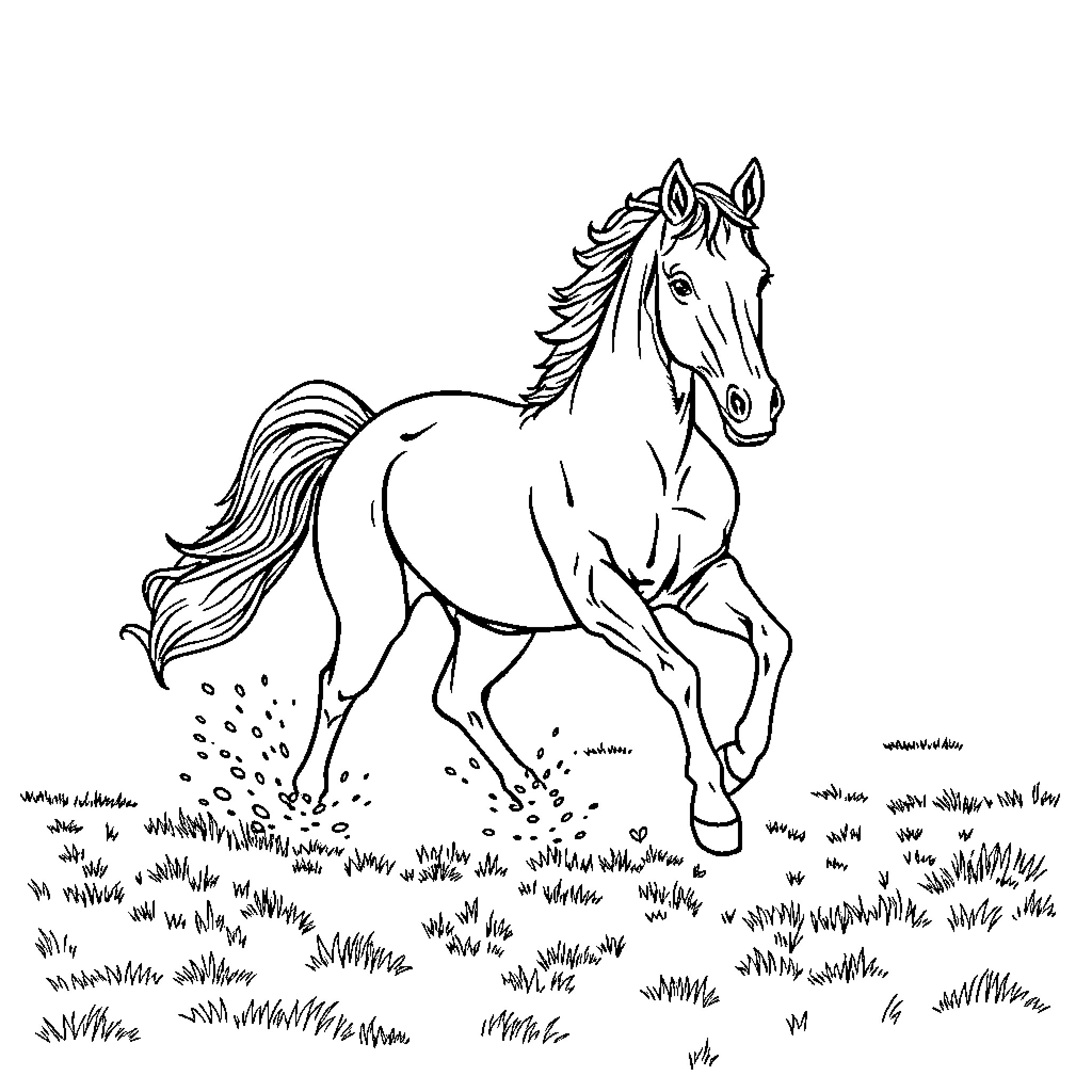Horse galloping through the field Coloring Page (free black-and-white line drawing printable PDF for all, from beginners to advanced learners, including children, teens, adults, and seniors)