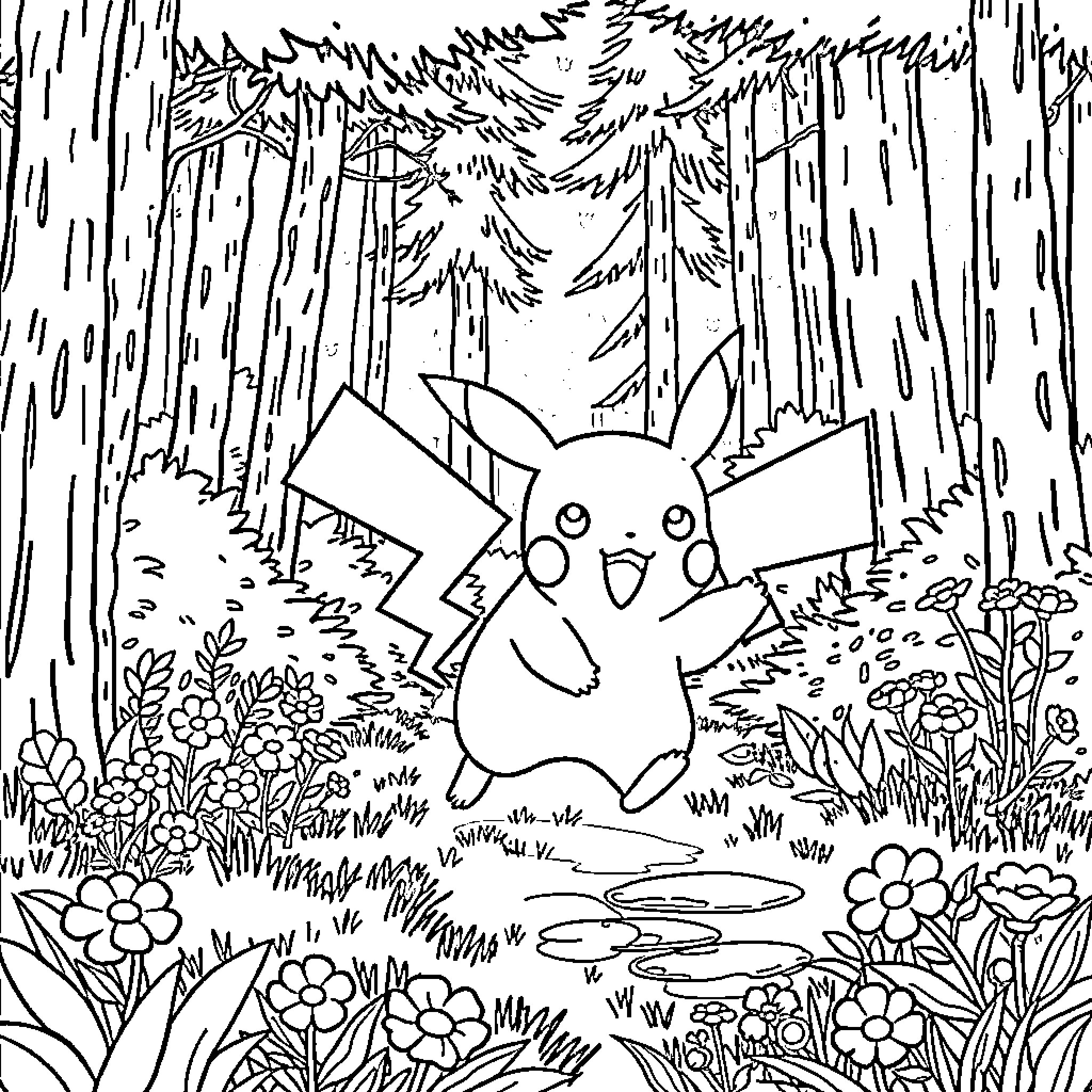 Pikachu exploring the magical forest Coloring Page (free black-and-white line drawing printable PDF for all, from beginners to advanced learners, including children, teens, adults, and seniors)