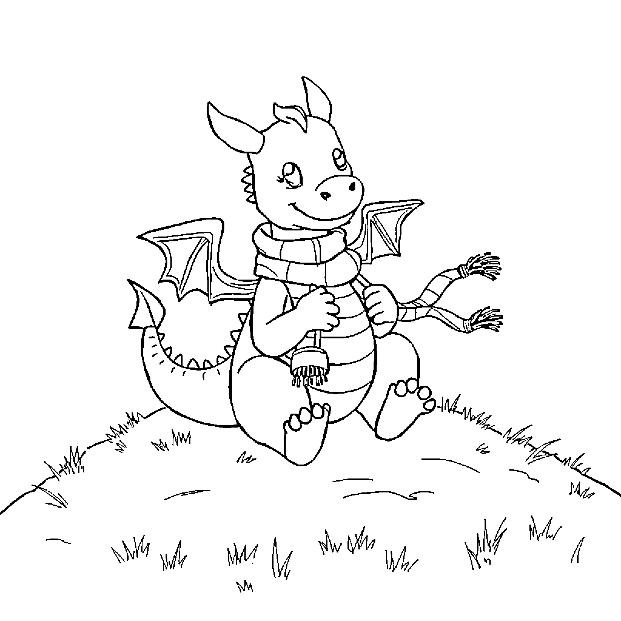 Dragon Creature Playing in Field Coloring Page (free black-and-white line drawing printable PDF for all, from beginners to advanced learners, including children, teens, adults, and seniors)