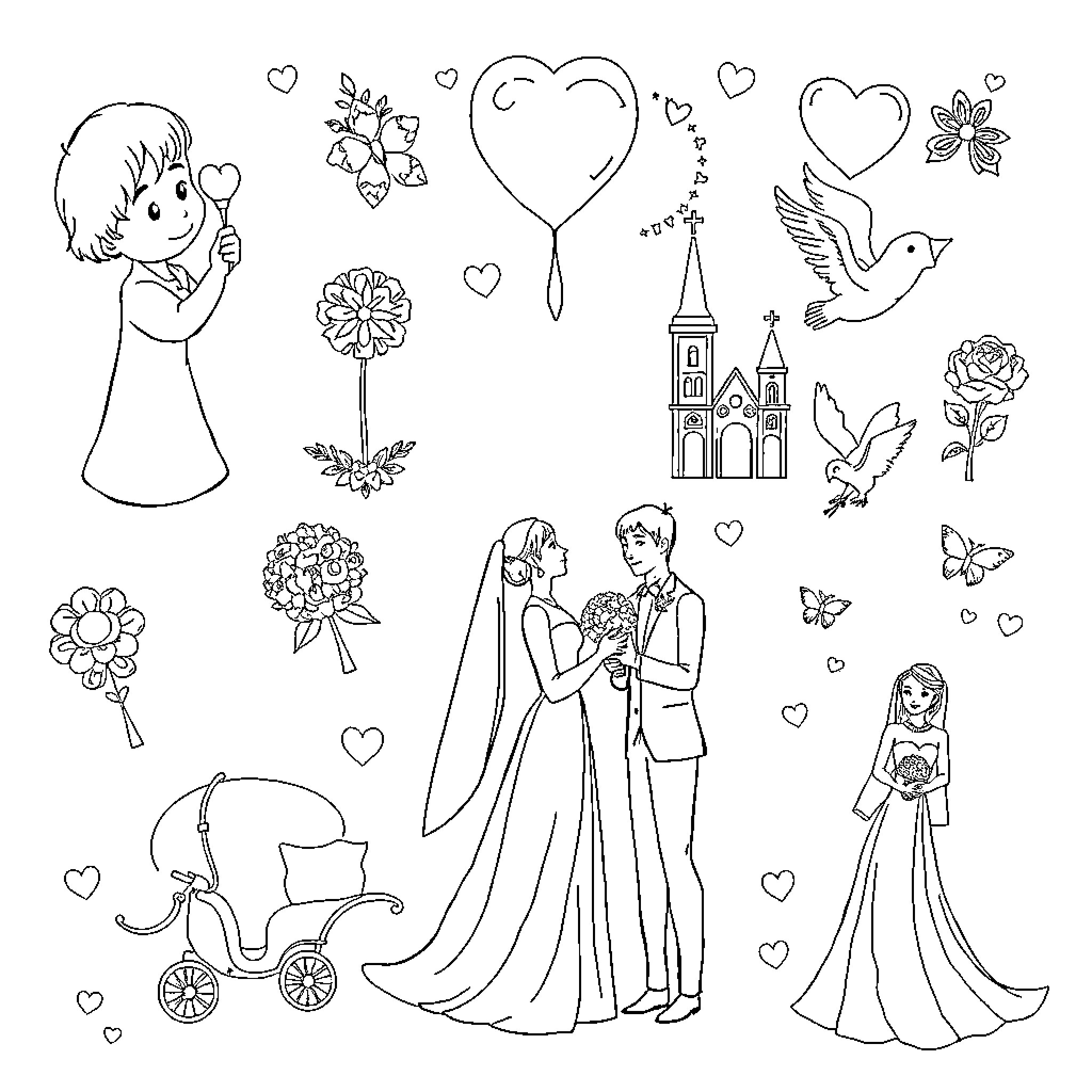 Bachelorette wedding icons and illustrations Coloring Page (free black-and-white line drawing printable PDF for all, from beginners to advanced learners, including children, teens, adults, and seniors)