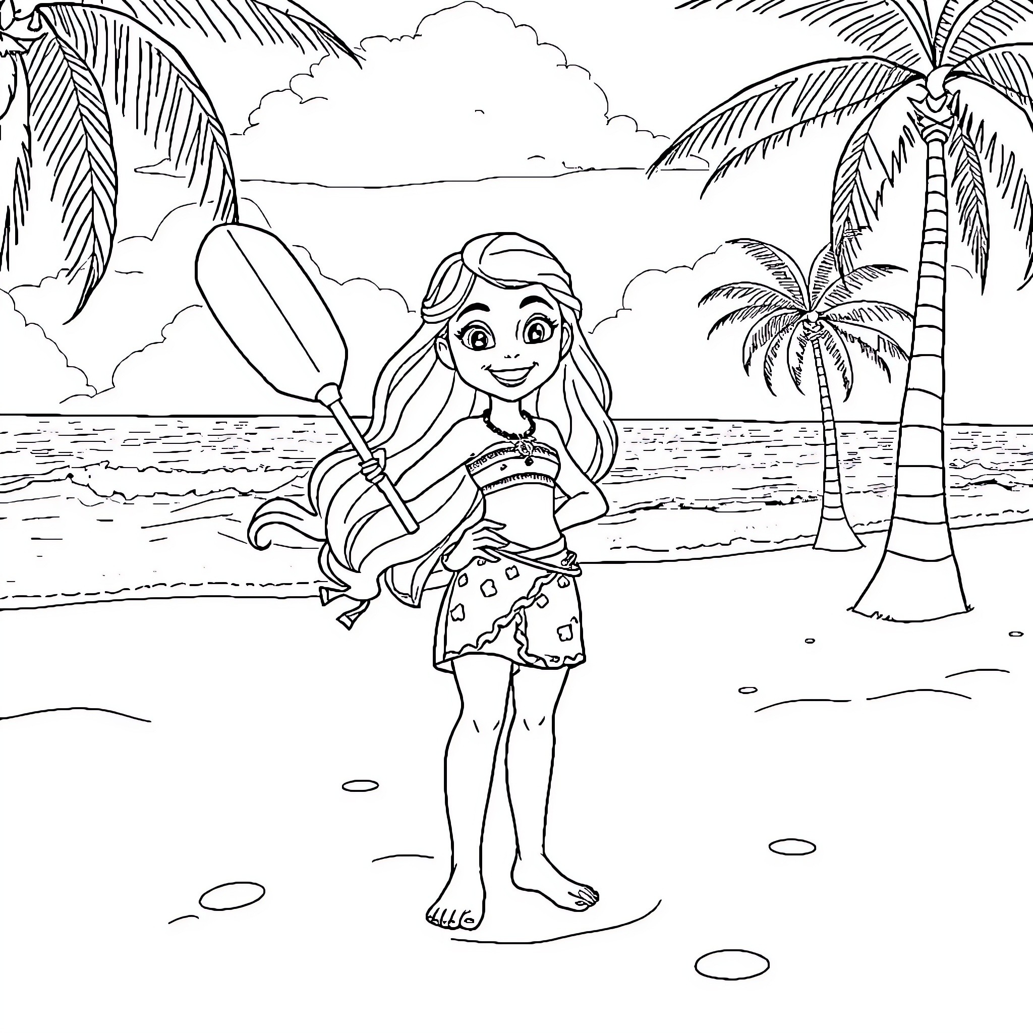 Vaiana enjoying the tropical beach scenery Coloring Page (free black-and-white line drawing printable PDF for all, from beginners to advanced learners, including children, teens, adults, and seniors)
