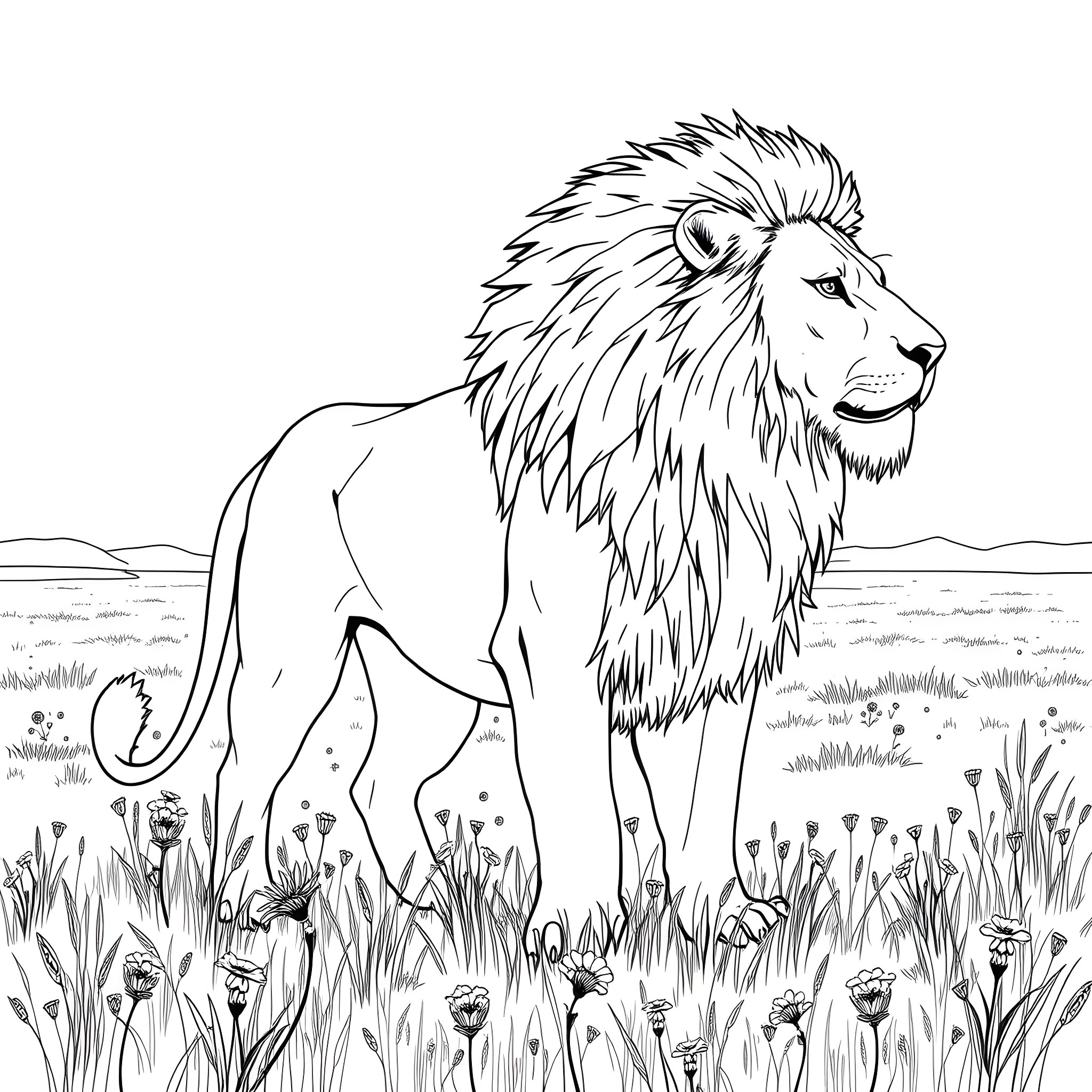 Lion standing proudly in the grassland Coloring Page (free black-and-white line drawing printable PDF for all, from beginners to advanced learners, including children, teens, adults, and seniors)
