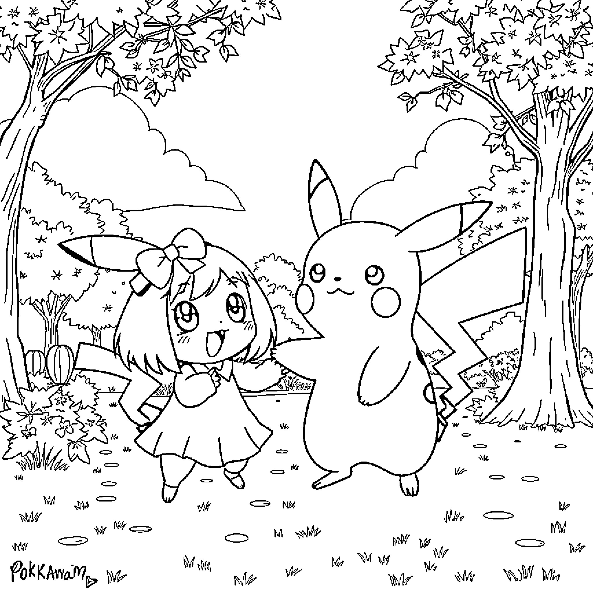 Chacha's Playful Adventure in the Enchanted Forest Coloring Page (free black-and-white line drawing printable PDF for all, from beginners to advanced learners, including children, teens, adults, and seniors)