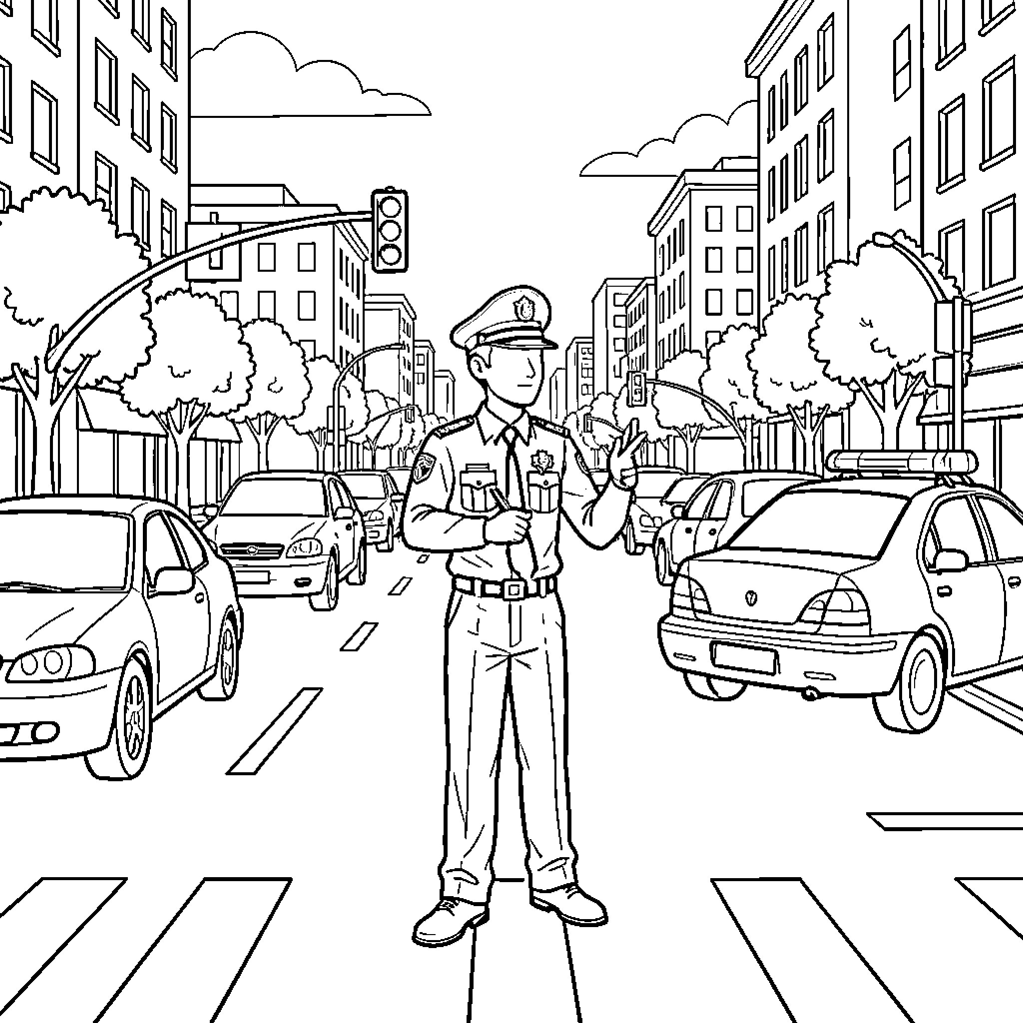 Policier directing traffic on a busy city street Coloring Page (free black-and-white line drawing printable PDF for all, from beginners to advanced learners, including children, teens, adults, and seniors)