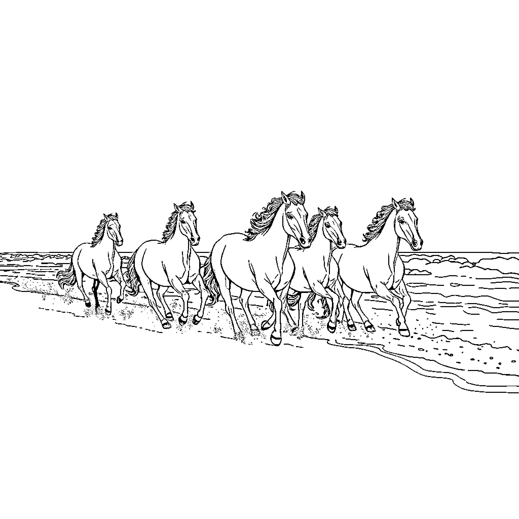 Pony herd galloping along the shore Coloring Page (free black-and-white line drawing printable PDF for all, from beginners to advanced learners, including children, teens, adults, and seniors)