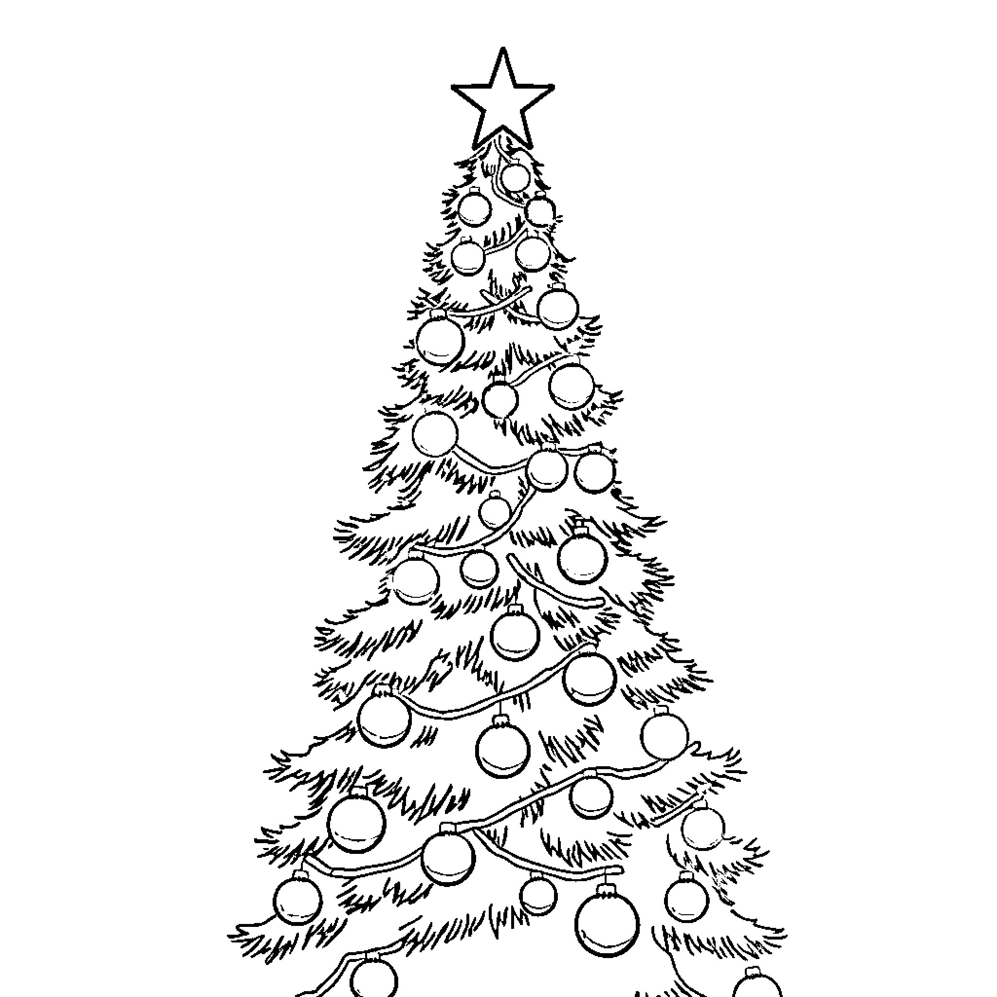 Christmas Tree with Ornaments and Star Coloring Page (free black-and-white line drawing printable PDF for all, from beginners to advanced learners, including children, teens, adults, and seniors)