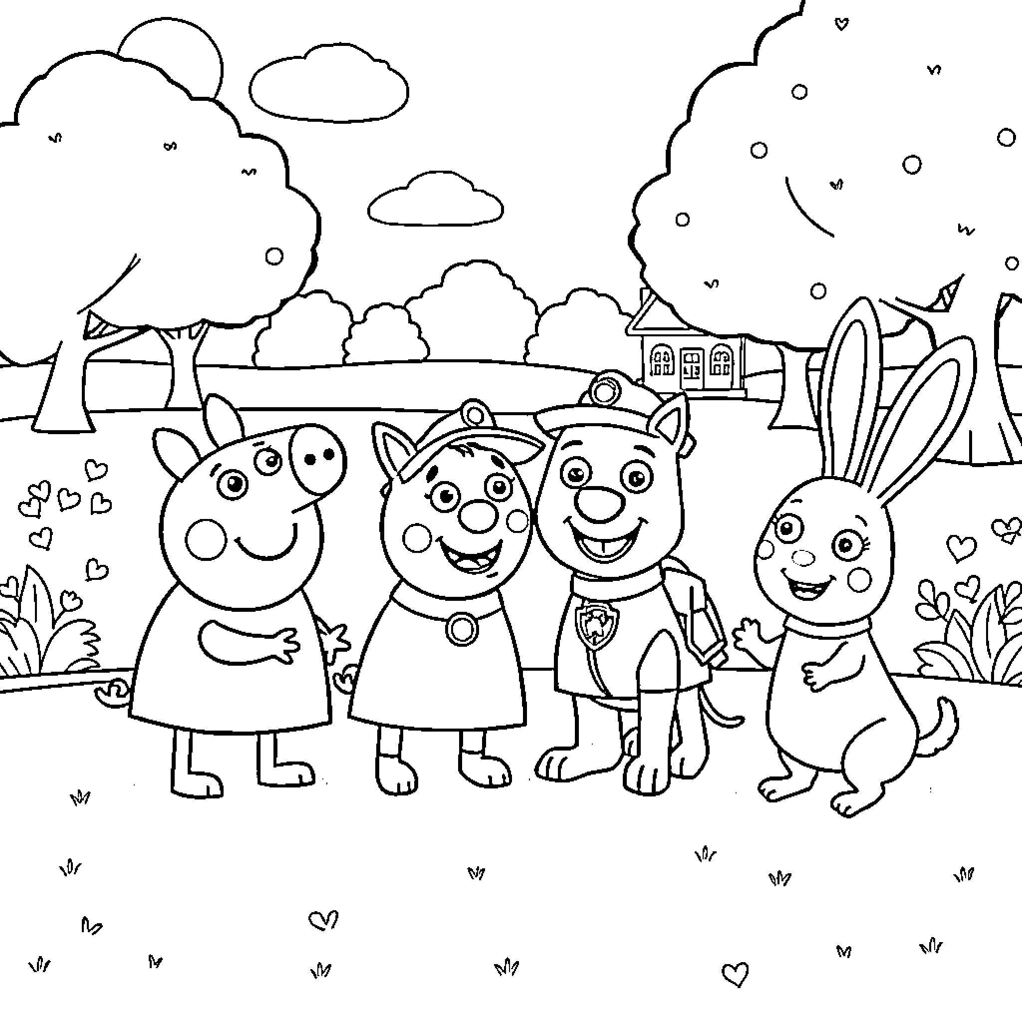 Peppa Pig and friends explore the countryside Coloring Page (free black-and-white line drawing printable PDF for all, from beginners to advanced learners, including children, teens, adults, and seniors)