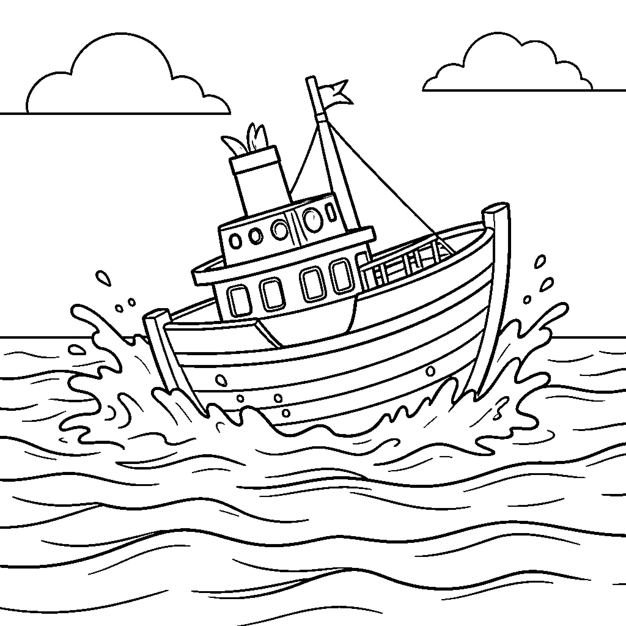 Bateau sailing through waves in the ocean Coloring Page (free black-and-white line drawing printable PDF for all, from beginners to advanced learners, including children, teens, adults, and seniors)