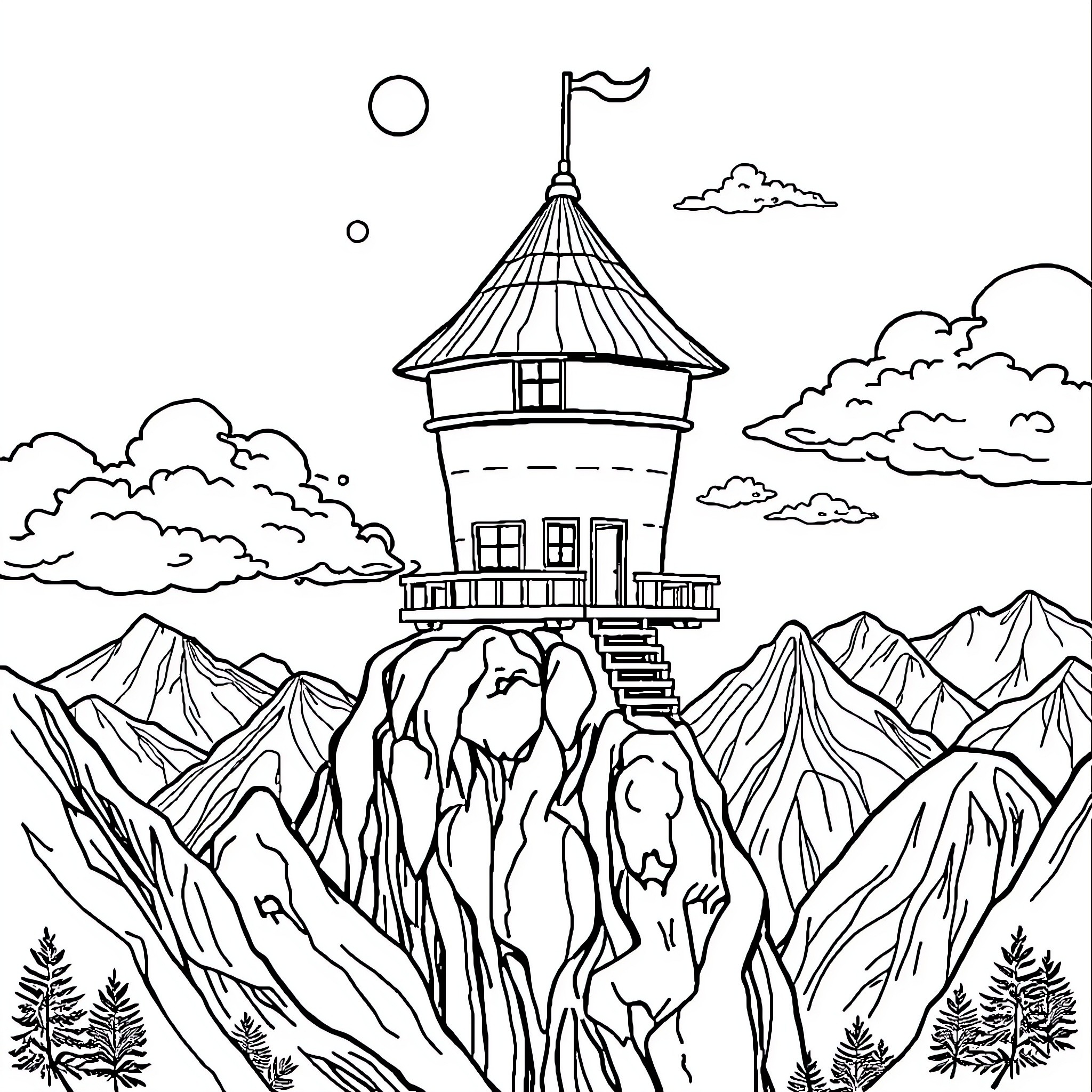 Flying House Atop Majestic Mountain Landscape Coloring Page (free black-and-white line drawing printable PDF for all, from beginners to advanced learners, including children, teens, adults, and seniors)