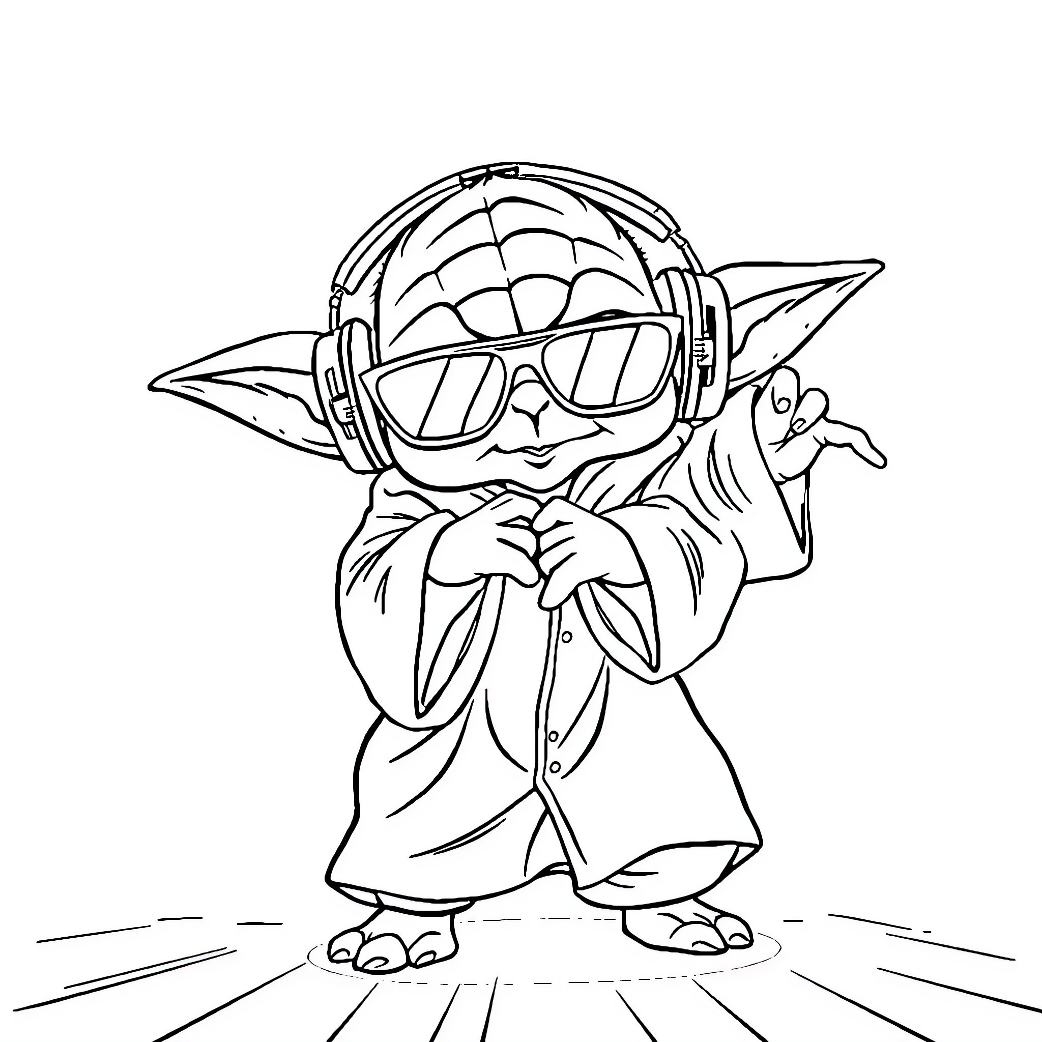 Yoda Wearing Futuristic Sunglasses and Robe Coloring Page (free black-and-white line drawing printable PDF for all, from beginners to advanced learners, including children, teens, adults, and seniors)