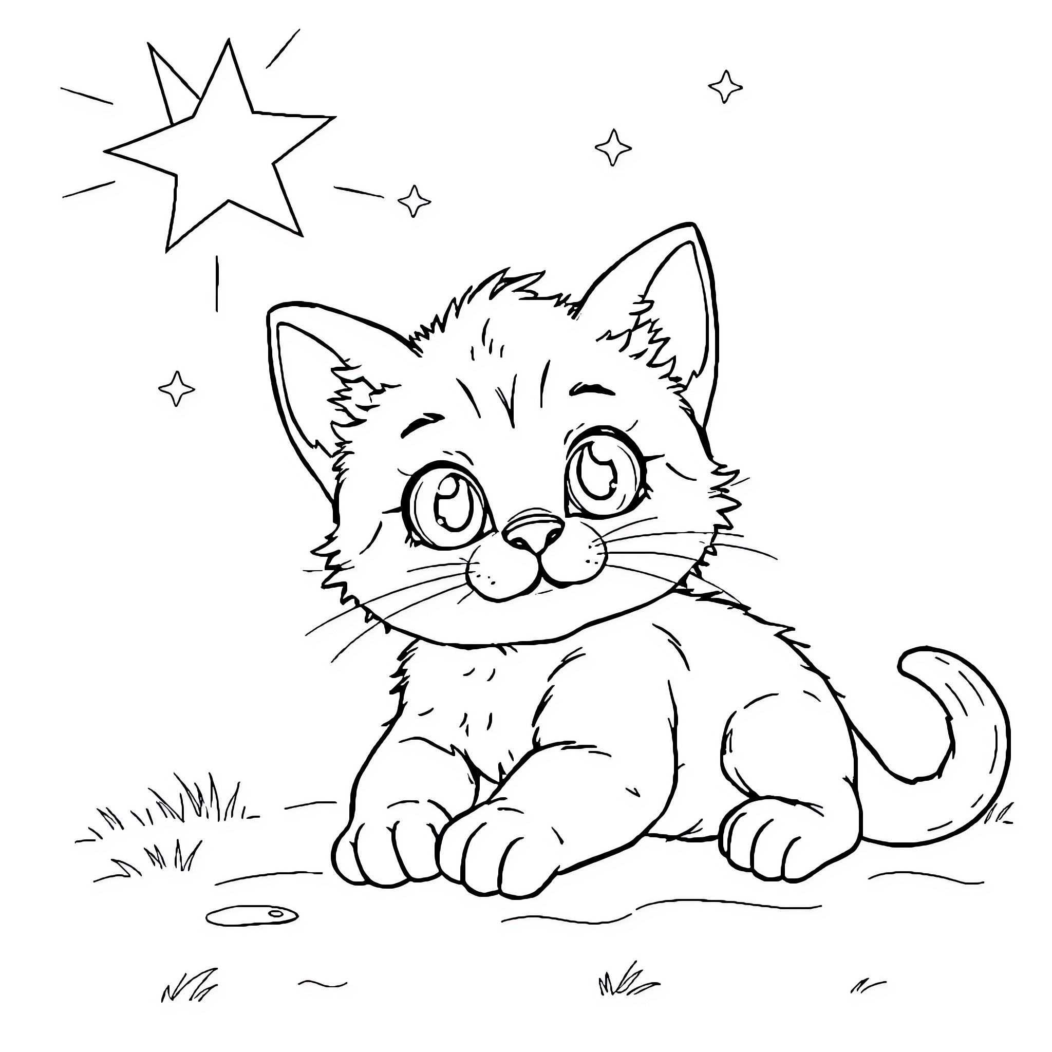 Unicorn Cat gazing at sparkling stars Coloring Page (free black-and-white line drawing printable PDF for all, from beginners to advanced learners, including children, teens, adults, and seniors)