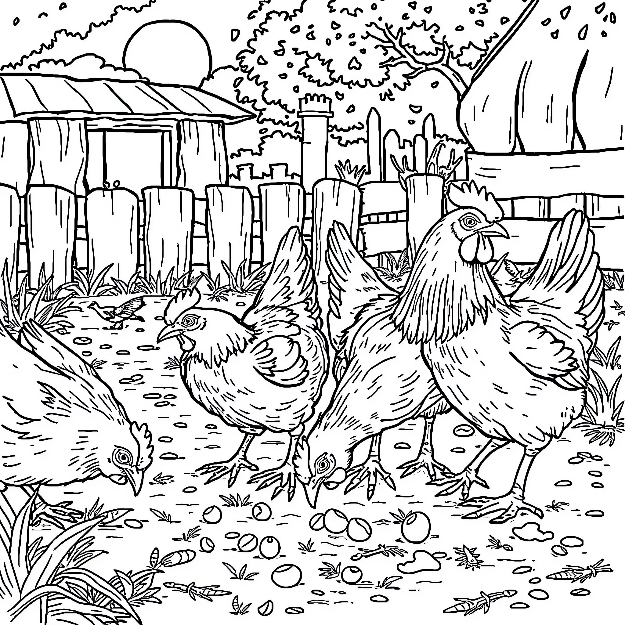 Chicken family exploring a rural landscape Coloring Page (free black-and-white line drawing printable PDF for all, from beginners to advanced learners, including children, teens, adults, and seniors)