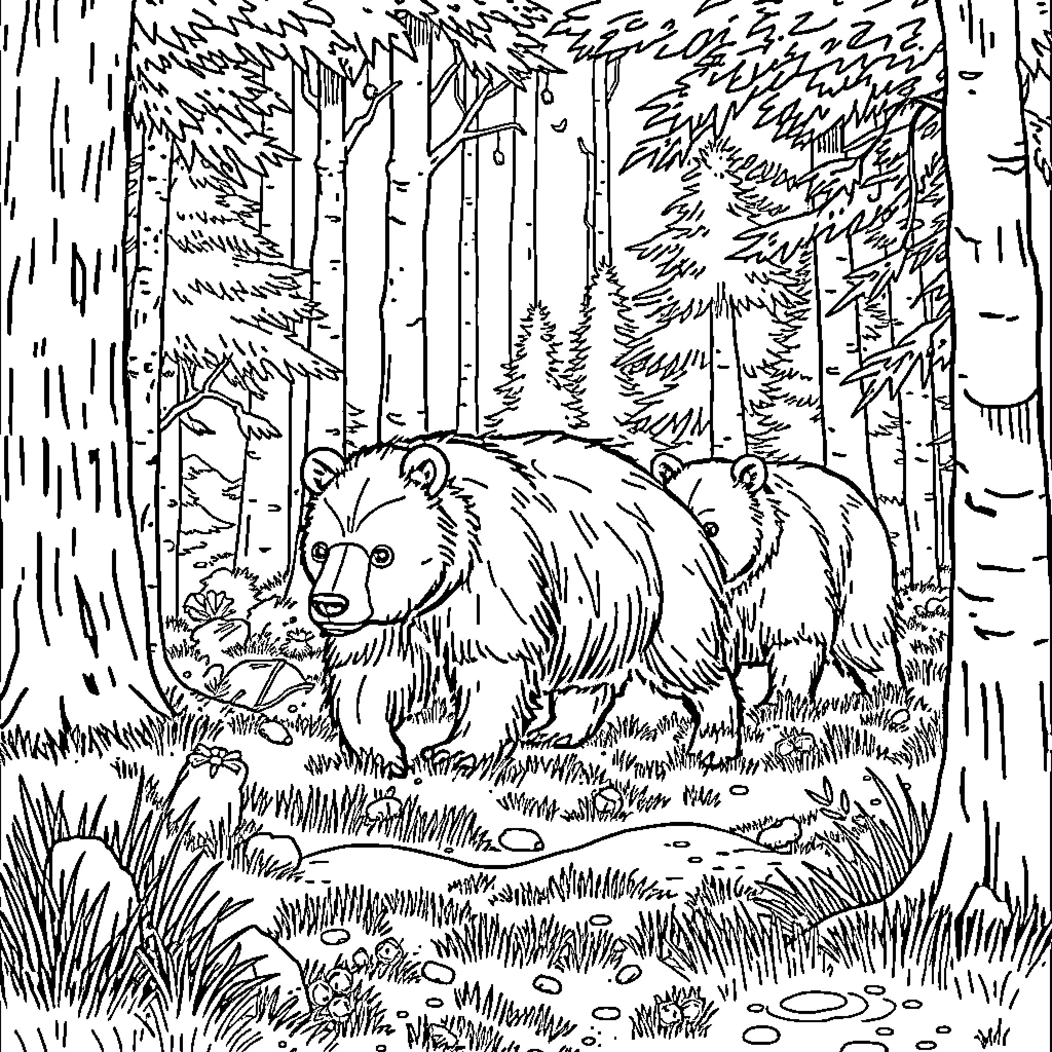 Bear wandering through the enchanted forest Coloring Page (free black-and-white line drawing printable PDF for all, from beginners to advanced learners, including children, teens, adults, and seniors)