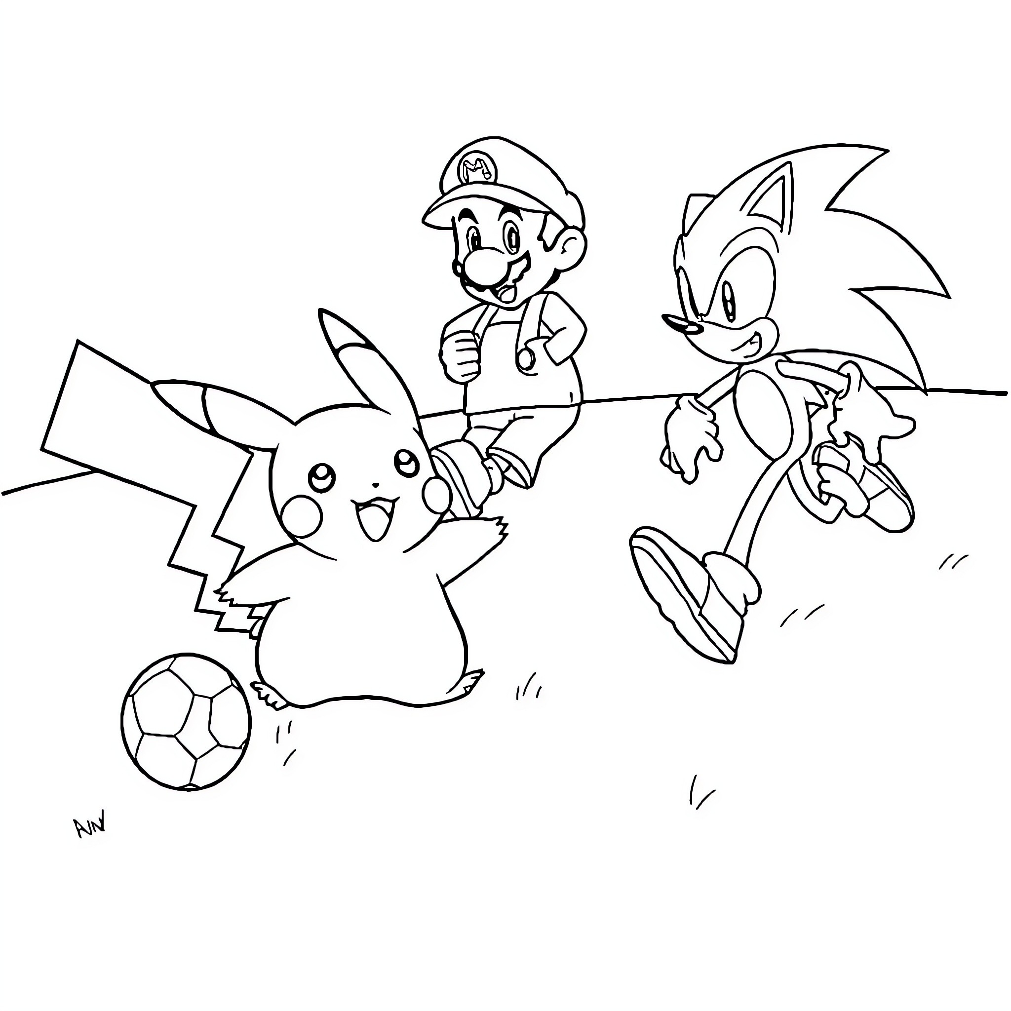 Pikachu and friends playing soccer with Mario Coloring Page (free black-and-white line drawing printable PDF for all, from beginners to advanced learners, including children, teens, adults, and seniors)