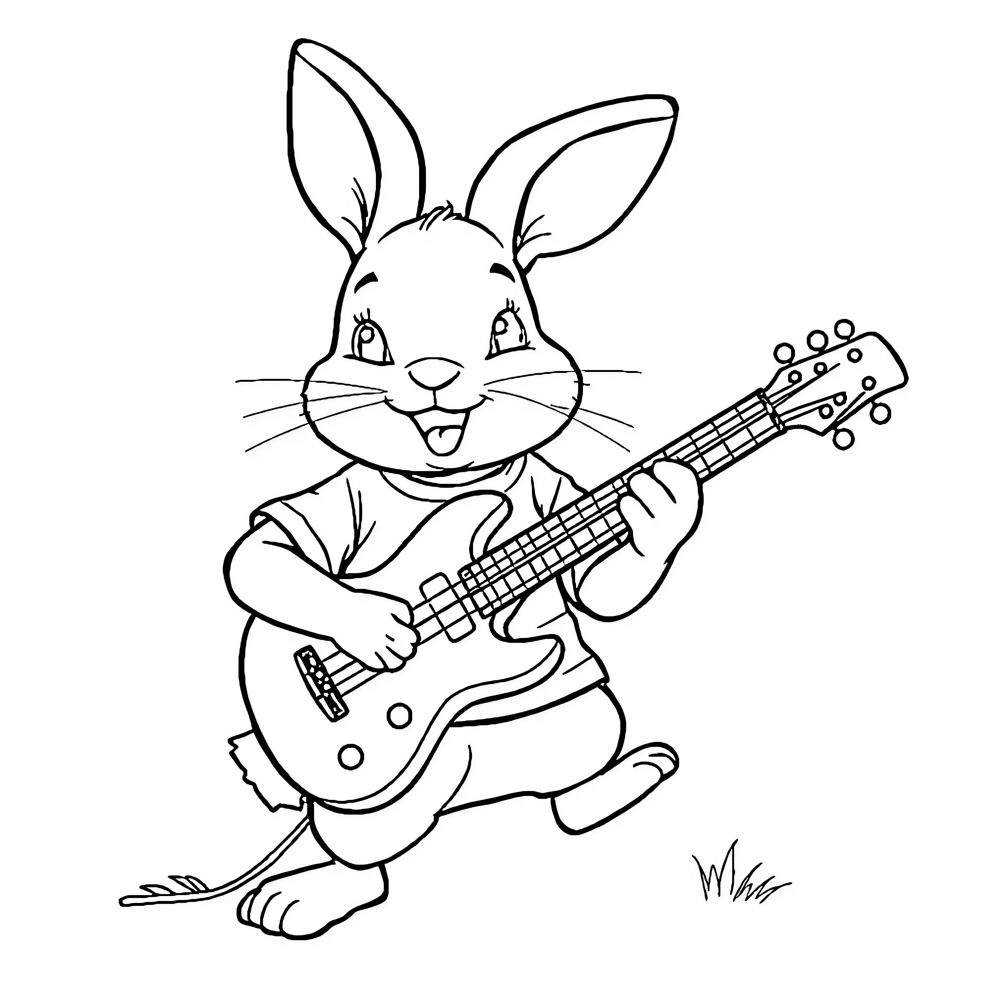 Rabbit playing guitar joyfully in the meadow Coloring Page (free black-and-white line drawing printable PDF for all, from beginners to advanced learners, including children, teens, adults, and seniors)