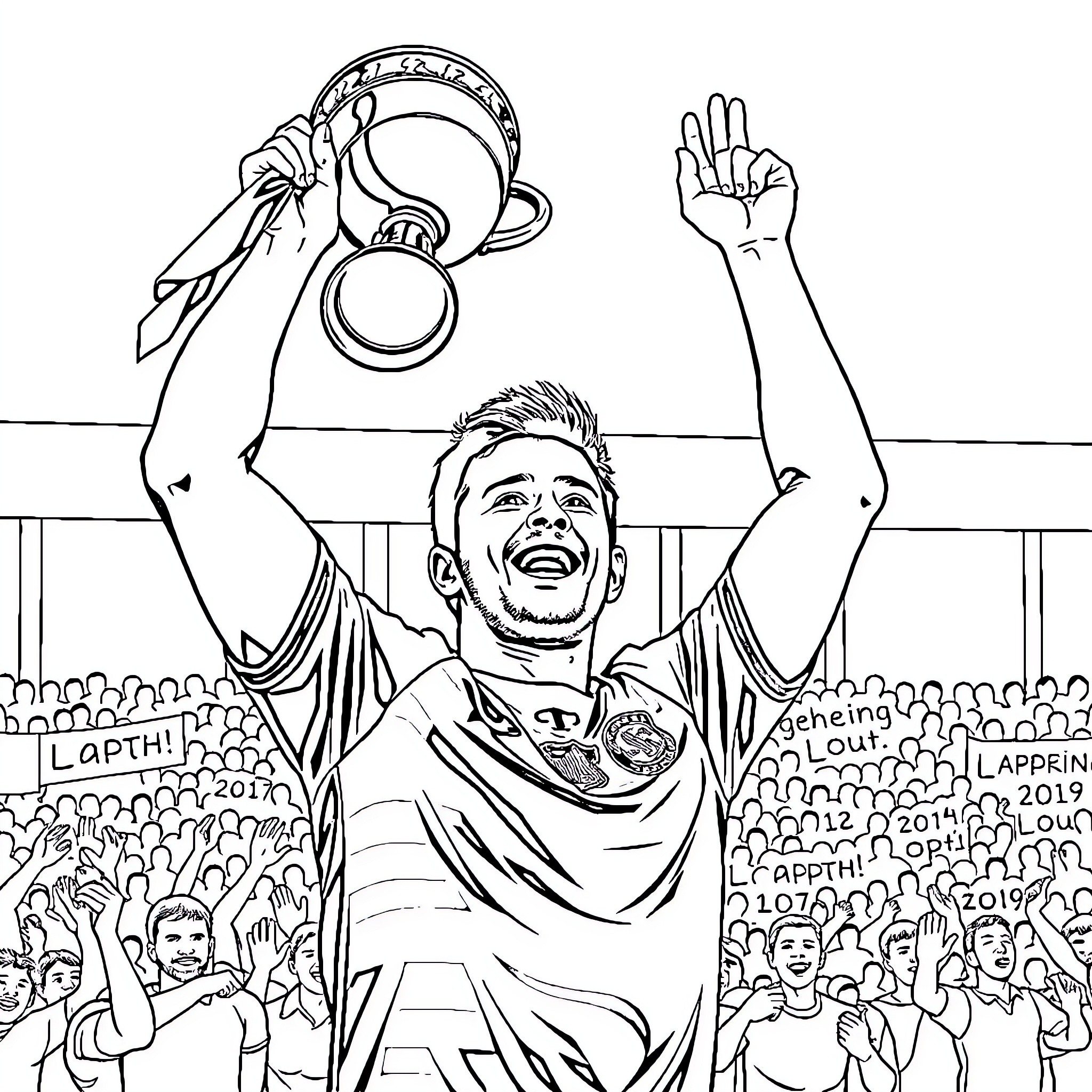 Sam Maguire Cup Celebration with Ecstatic Player Coloring Page (free black-and-white line drawing printable PDF for all, from beginners to advanced learners, including children, teens, adults, and seniors)