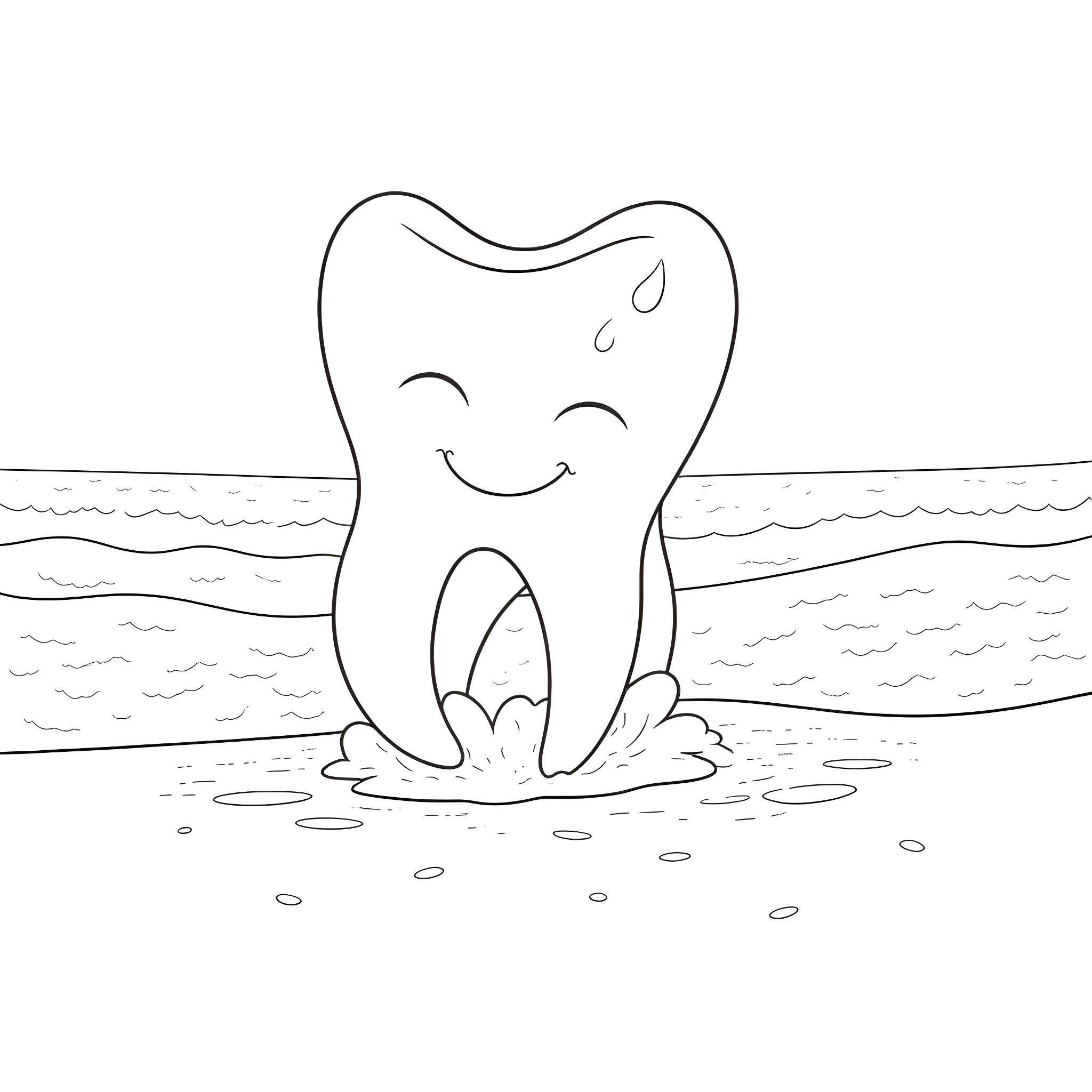 Tooth enjoying a refreshing dip in the water Coloring Page (free black-and-white line drawing printable PDF for all, from beginners to advanced learners, including children, teens, adults, and seniors)