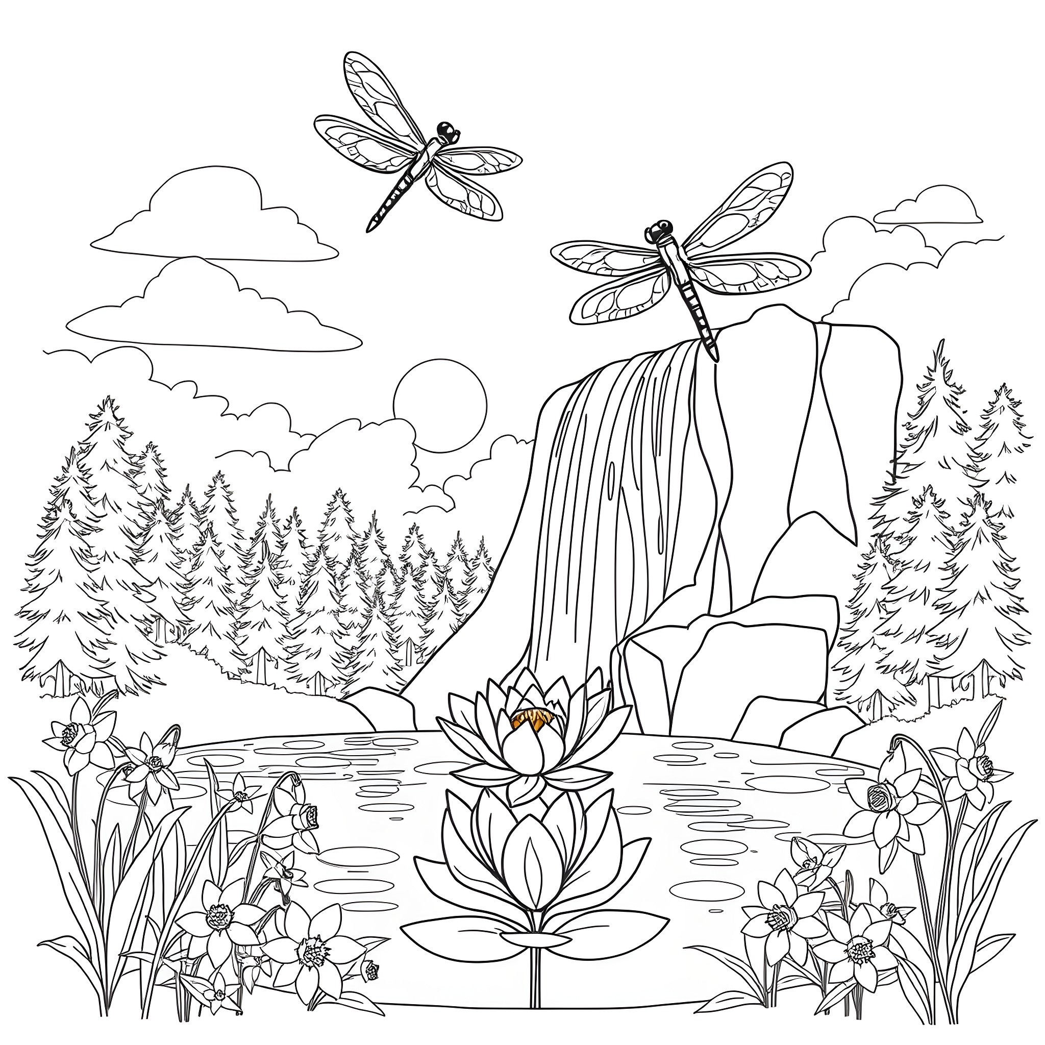 Dragonflies soaring over a tranquil pond Coloring Page (free black-and-white line drawing printable PDF for all, from beginners to advanced learners, including children, teens, adults, and seniors)