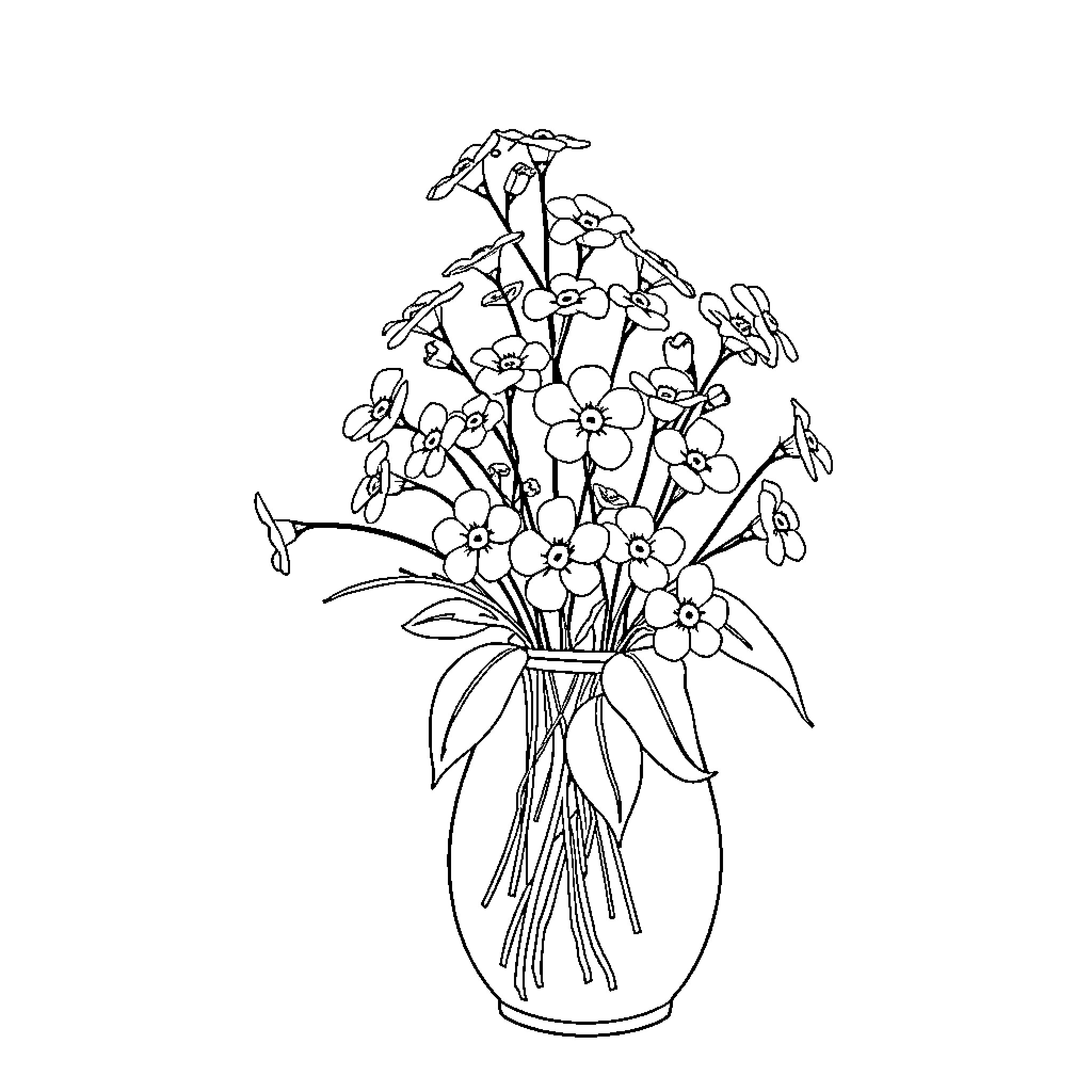 Forget Me Nots Bouquet in Glass Vase Coloring Page (free black-and-white line drawing printable PDF for all, from beginners to advanced learners, including children, teens, adults, and seniors)