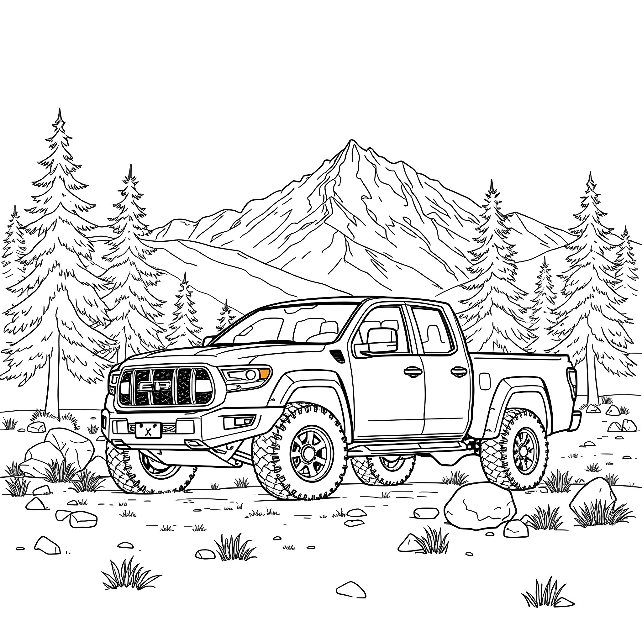 Pick Up Truck off-roading in the mountains Coloring Page (free black-and-white line drawing printable PDF for all, from beginners to advanced learners, including children, teens, adults, and seniors)