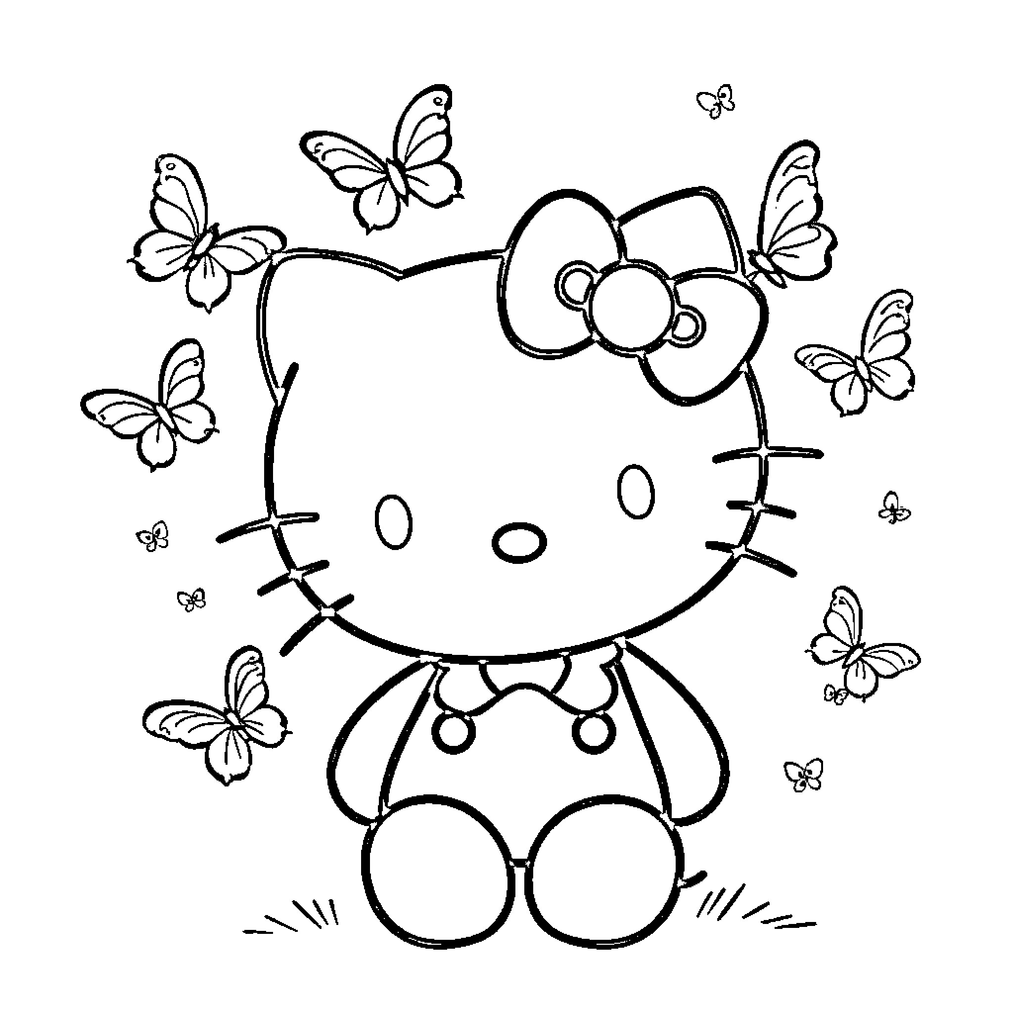 Hello Kitty surrounded by butterflies Coloring Page (free black-and-white line drawing printable PDF for all, from beginners to advanced learners, including children, teens, adults, and seniors)