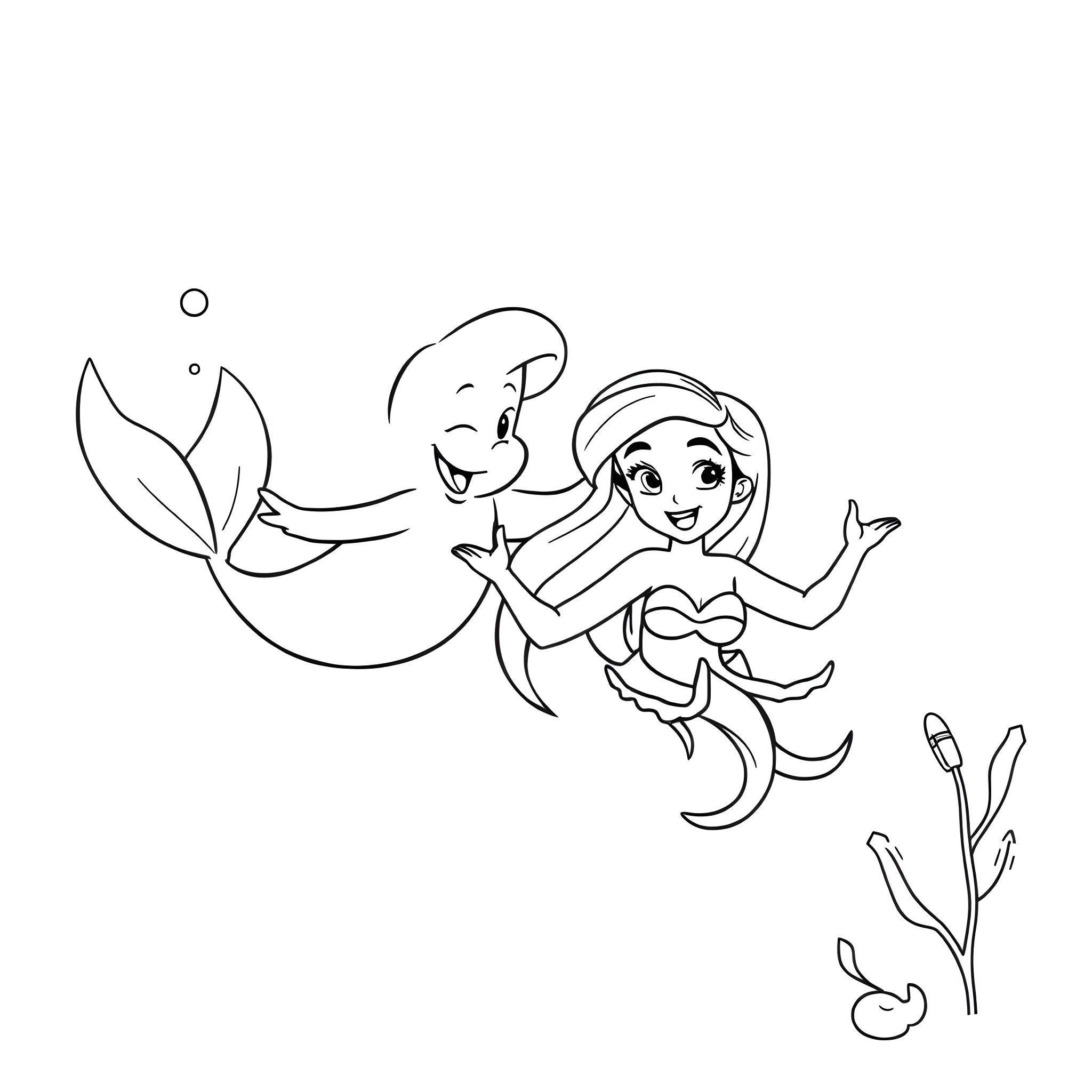 Mermaid and friend swimming happily in the ocean Coloring Page (free black-and-white line drawing printable PDF for all, from beginners to advanced learners, including children, teens, adults, and seniors)