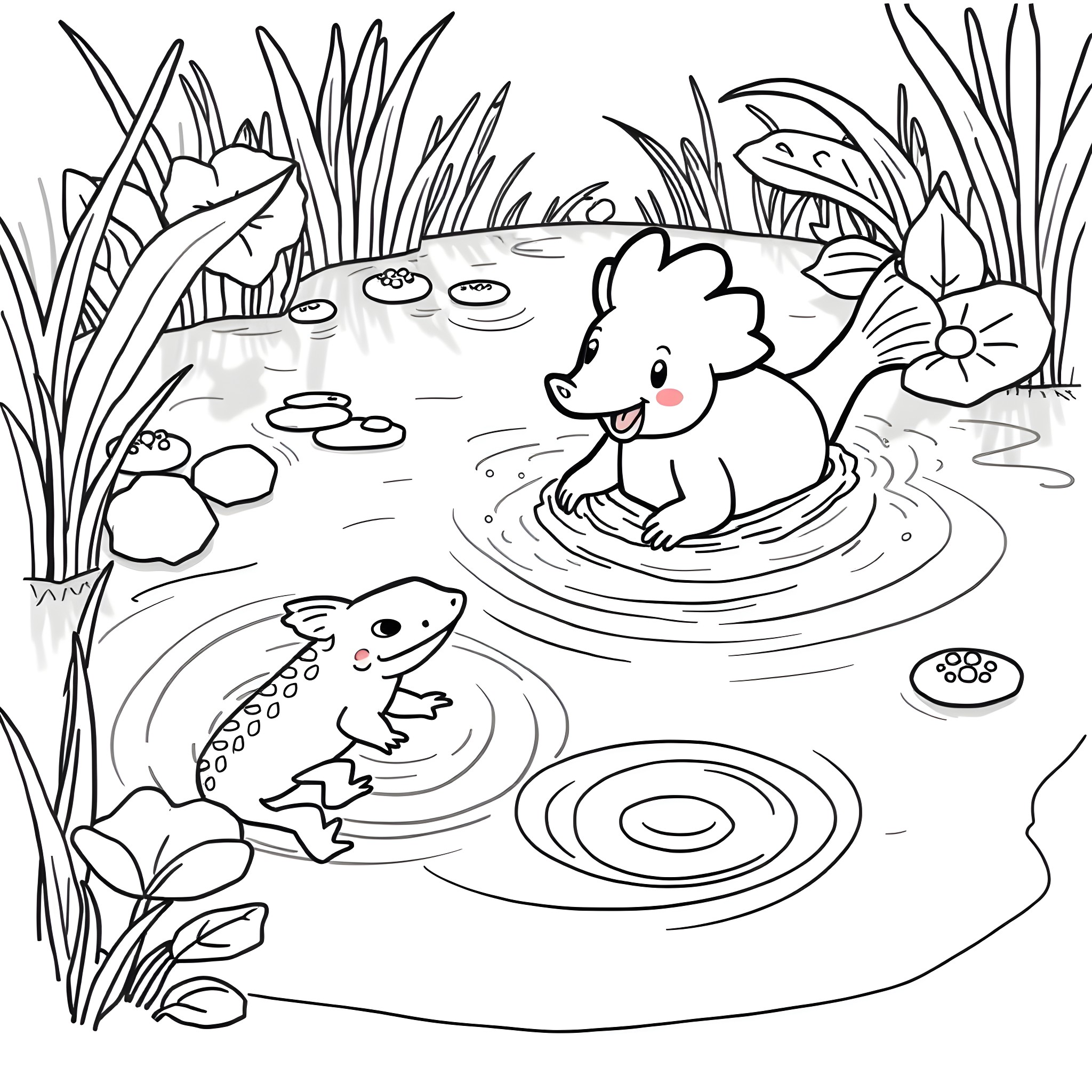 Platypus playing happily in a pond with fish Coloring Page (free black-and-white line drawing printable PDF for all, from beginners to advanced learners, including children, teens, adults, and seniors)