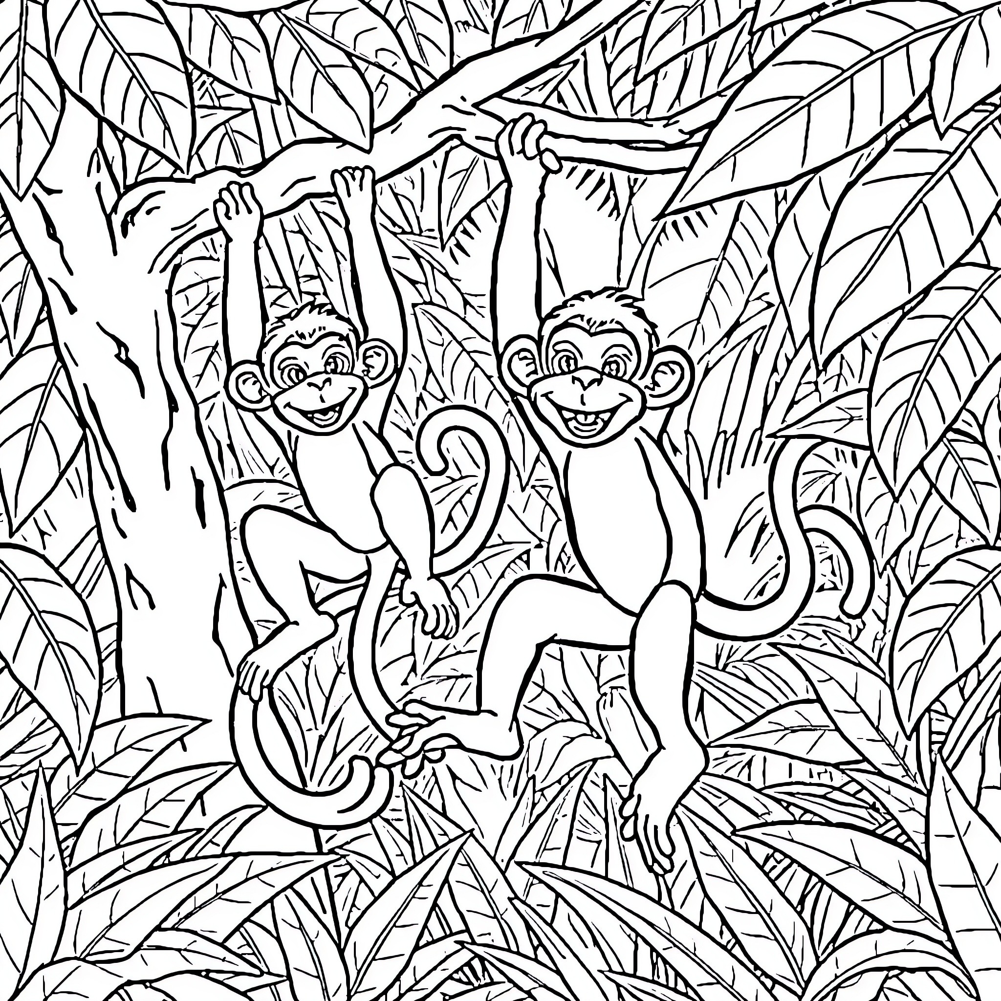 Monkey friends playing happily in the jungle Coloring Page (free black-and-white line drawing printable PDF for all, from beginners to advanced learners, including children, teens, adults, and seniors)