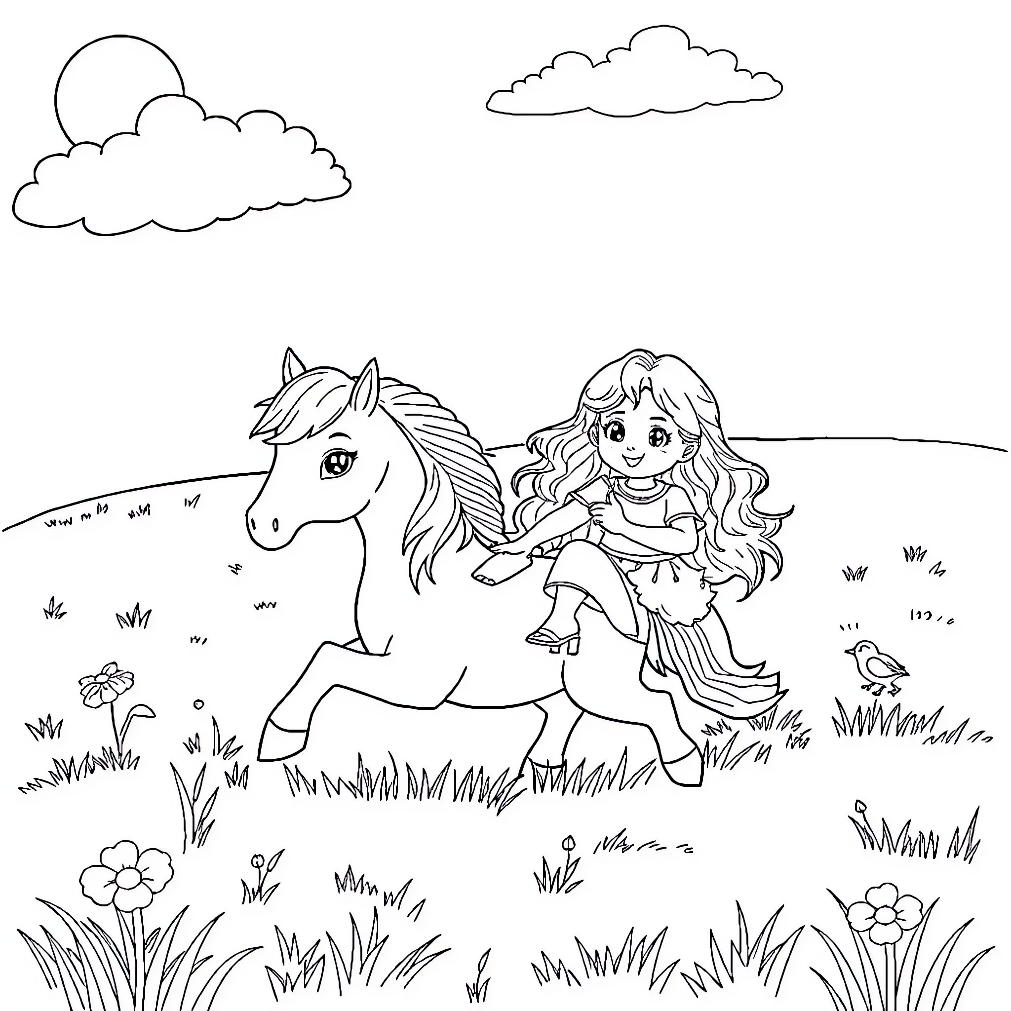 Athena Riding Her Majestic Steed in the Enchanted Meadow Coloring Page (free black-and-white line drawing printable PDF for all, from beginners to advanced learners, including children, teens, adults, and seniors)