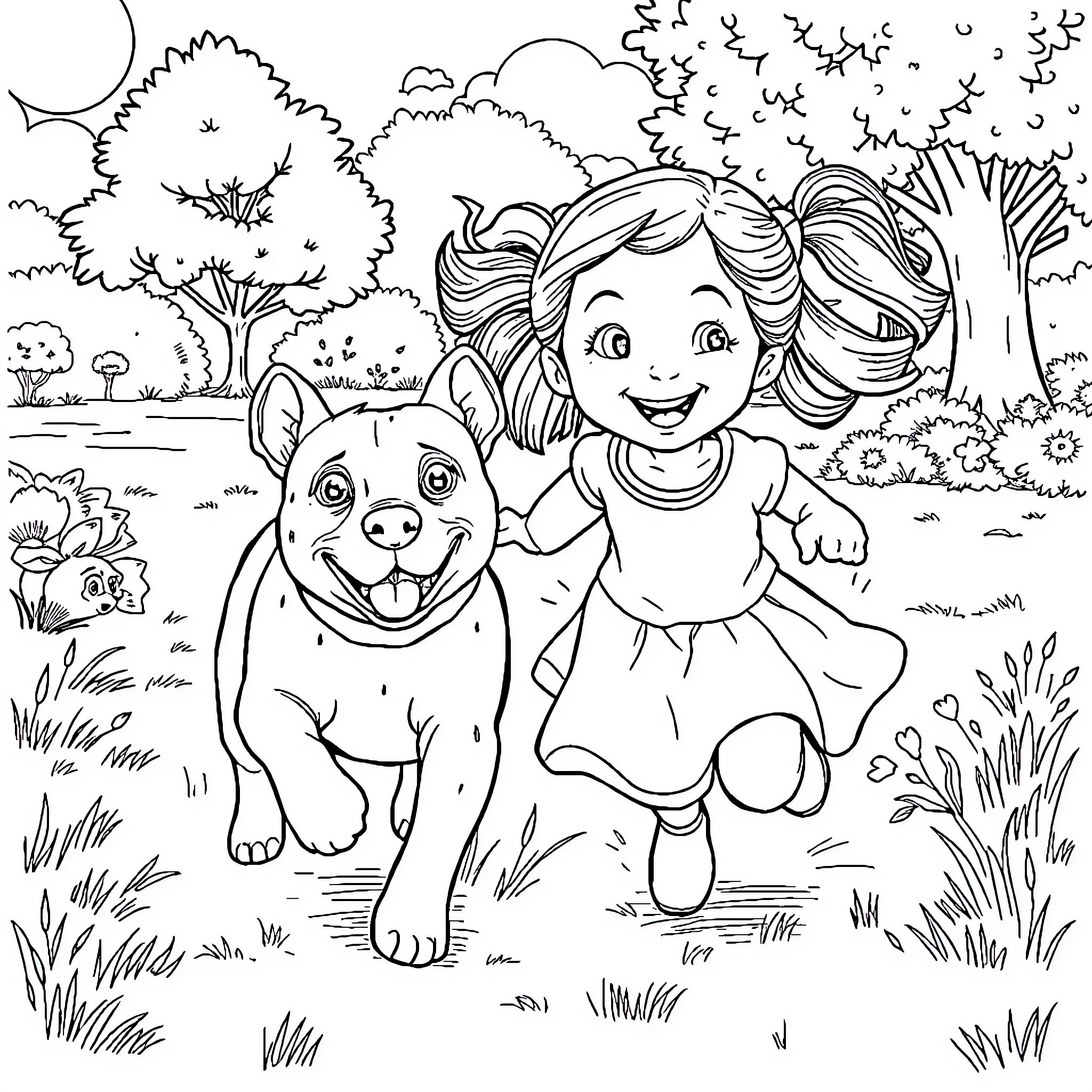 Pitbull and girl playing happily in the park Coloring Page (free black-and-white line drawing printable PDF for all, from beginners to advanced learners, including children, teens, adults, and seniors)