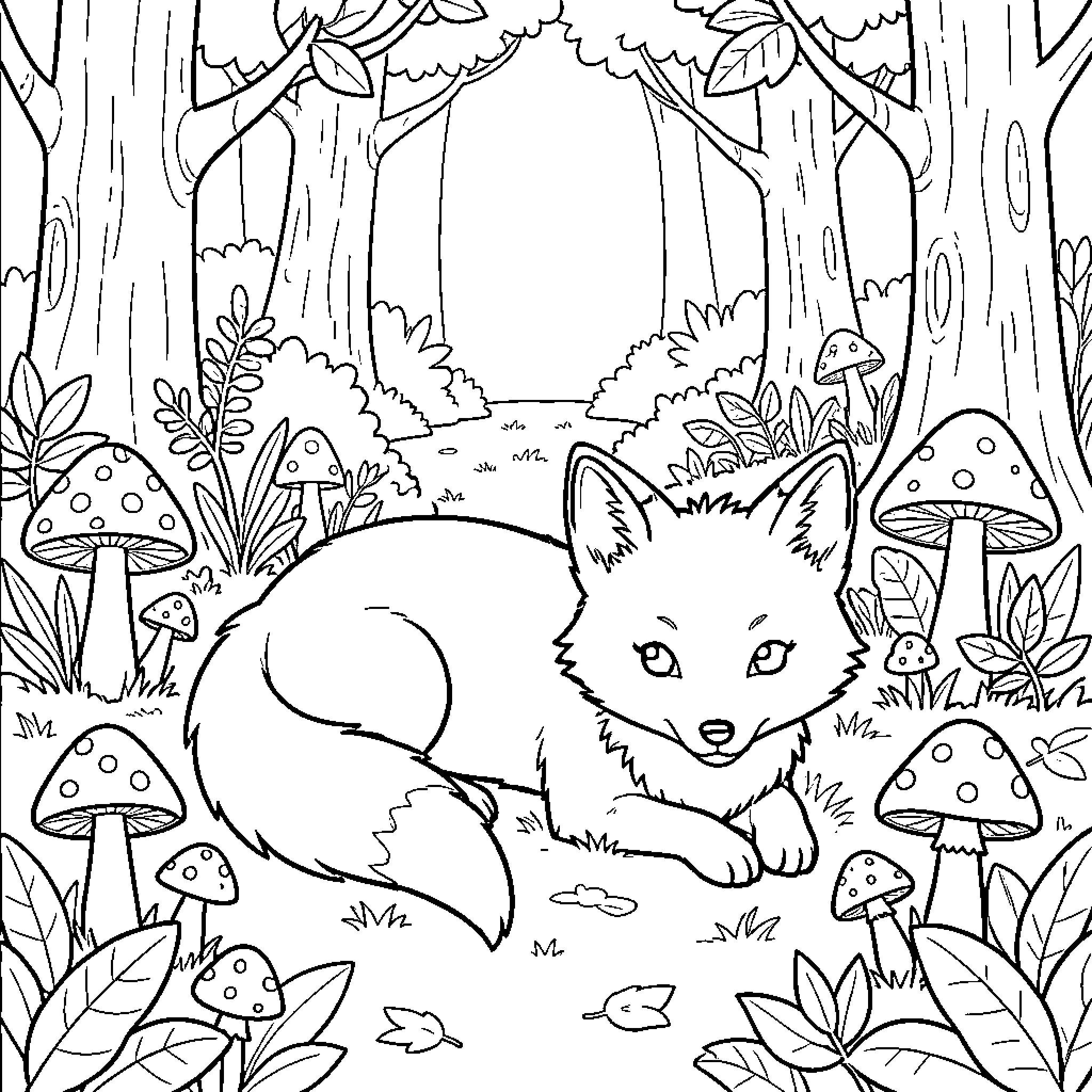 Fox resting peacefully in a mushroom forest Coloring Page (free black-and-white line drawing printable PDF for all, from beginners to advanced learners, including children, teens, adults, and seniors)