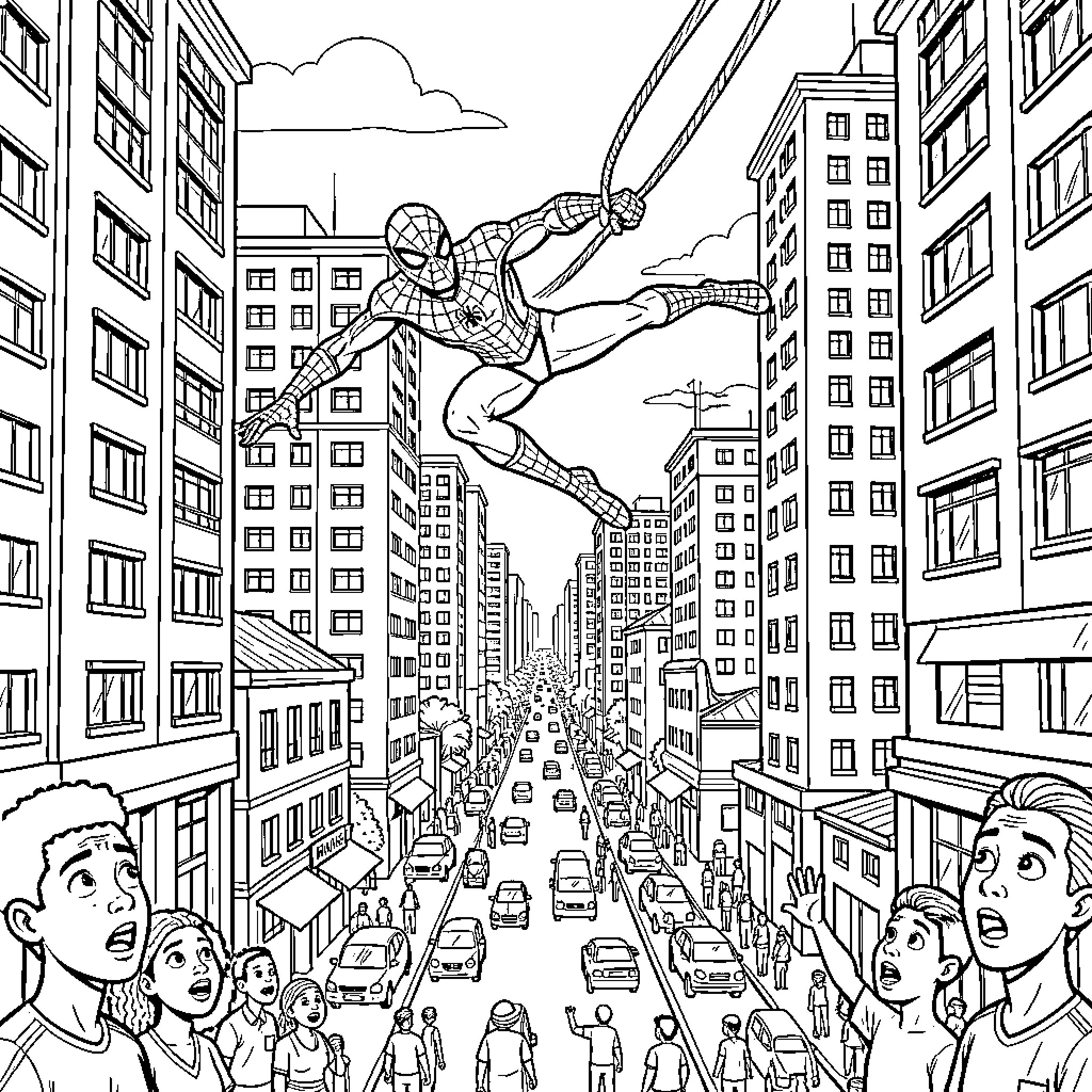 Spiderman swinging through a busy city street Coloring Page (free black-and-white line drawing printable PDF for all, from beginners to advanced learners, including children, teens, adults, and seniors)