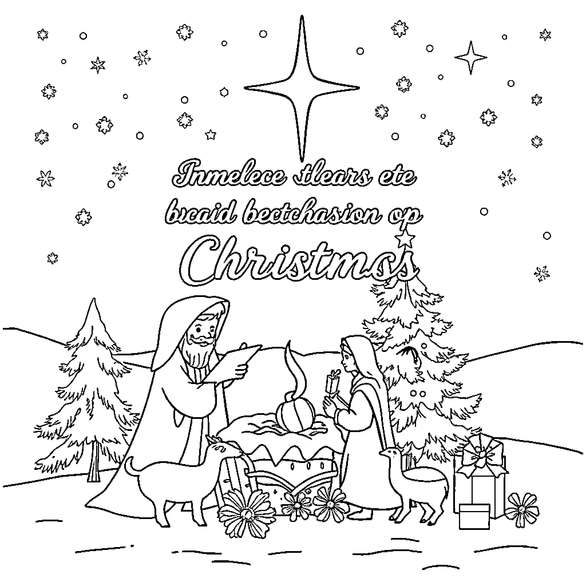 Christian holiday celebration on Christmas Coloring Page (free black-and-white line drawing printable PDF for all, from beginners to advanced learners, including children, teens, adults, and seniors)