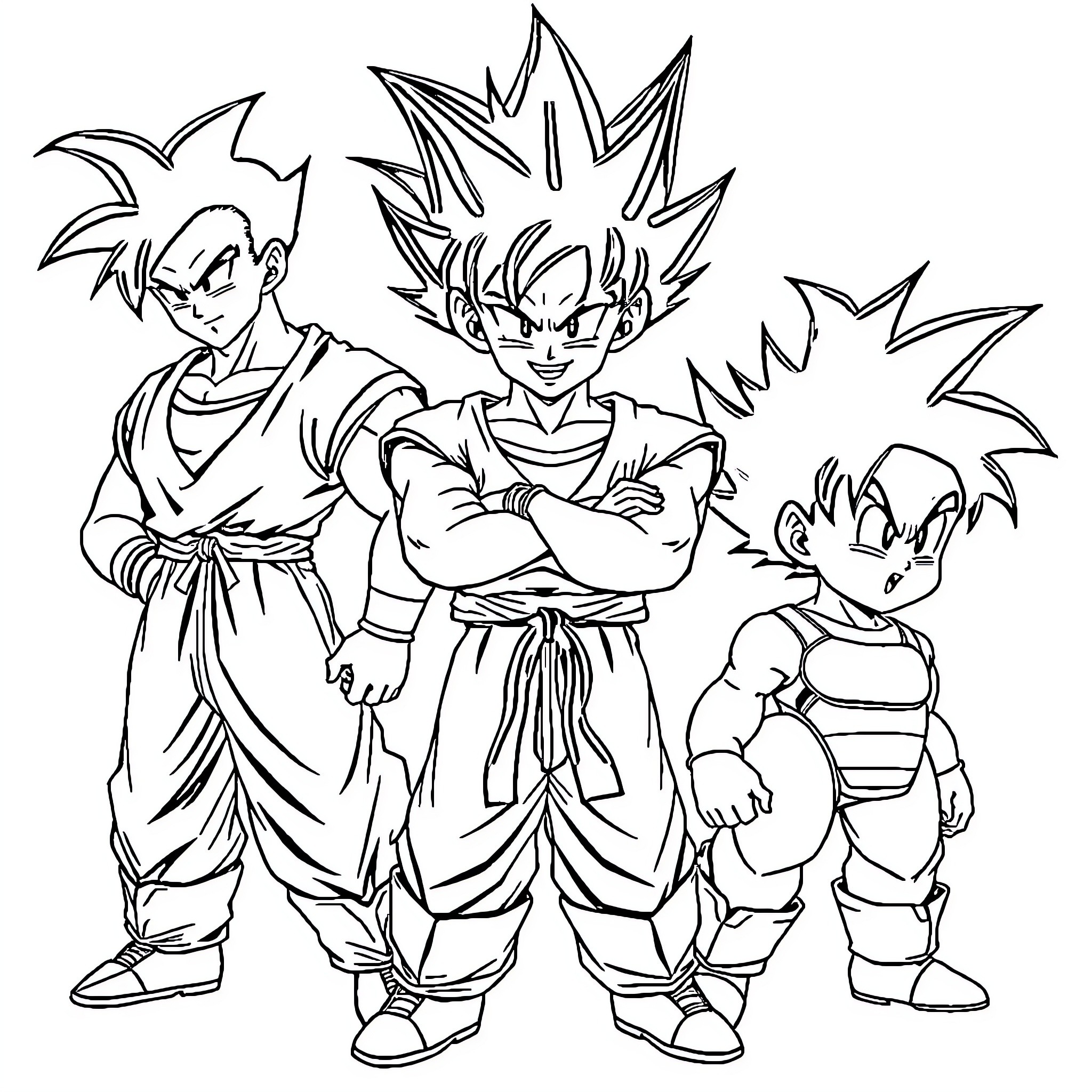 Dragon Ball Z Characters in Action Poses Coloring Page (free black-and-white line drawing printable PDF for all, from beginners to advanced learners, including children, teens, adults, and seniors)