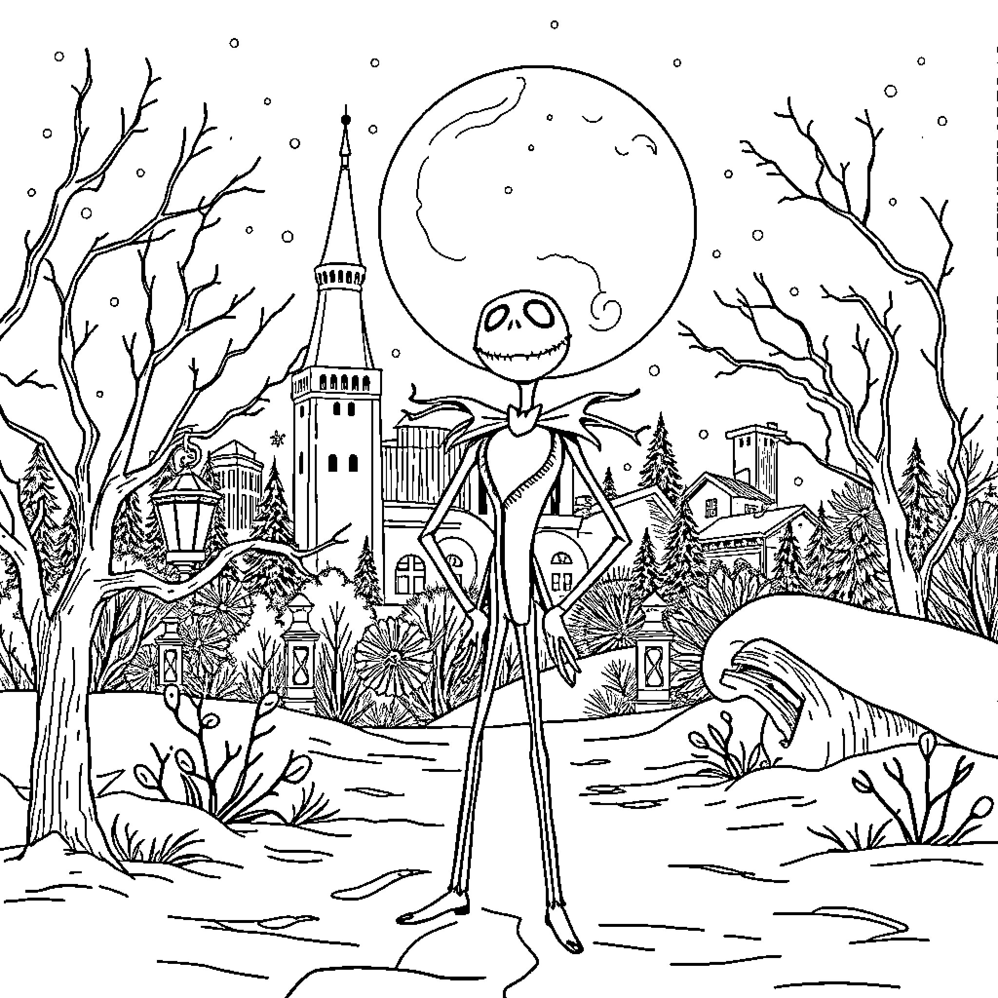 Jack Skellington exploring a spooky winter wonderland Coloring Page (free black-and-white line drawing printable PDF for all, from beginners to advanced learners, including children, teens, adults, and seniors)