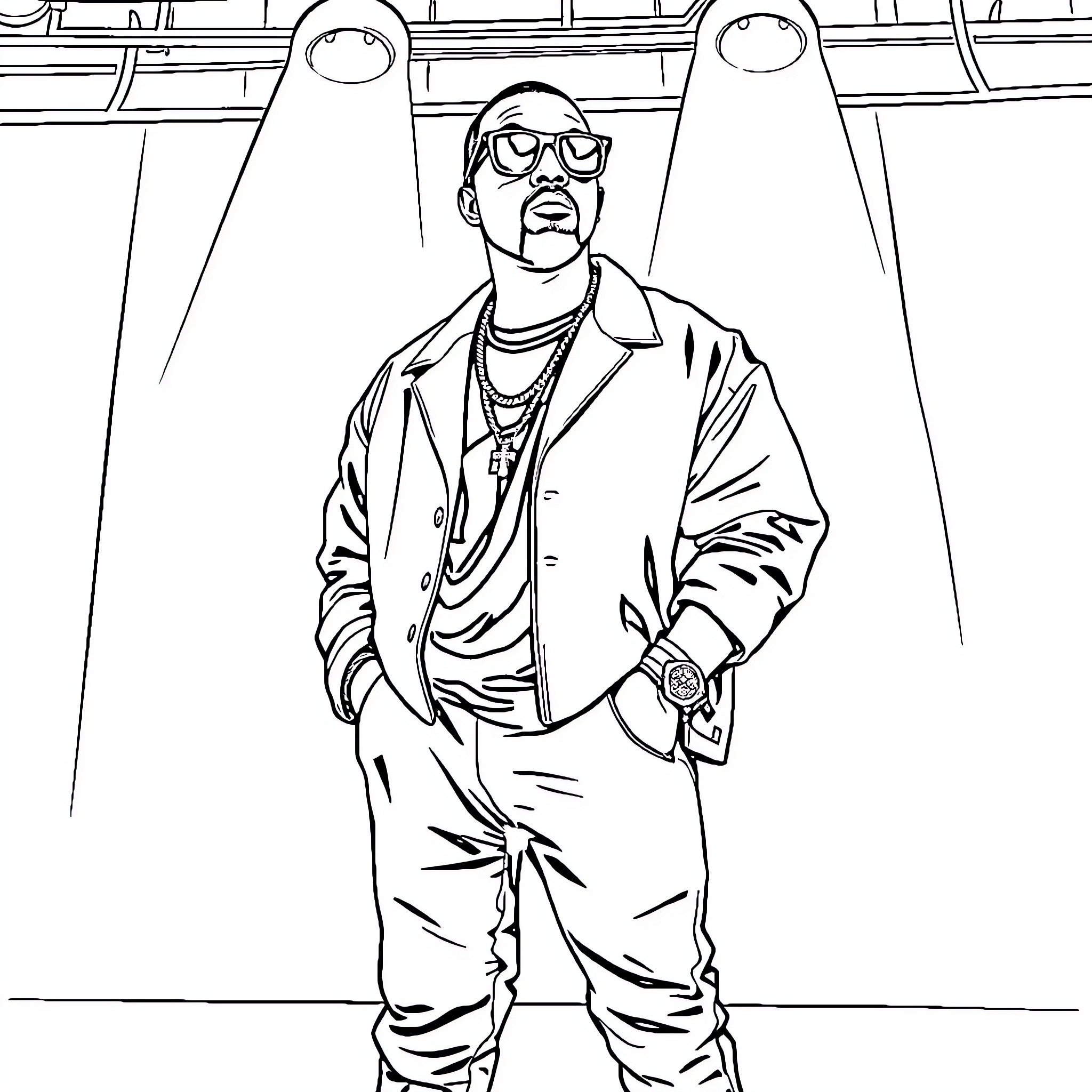 Kanye West posing confidently on stage Coloring Page (free black-and-white line drawing printable PDF for all, from beginners to advanced learners, including children, teens, adults, and seniors)