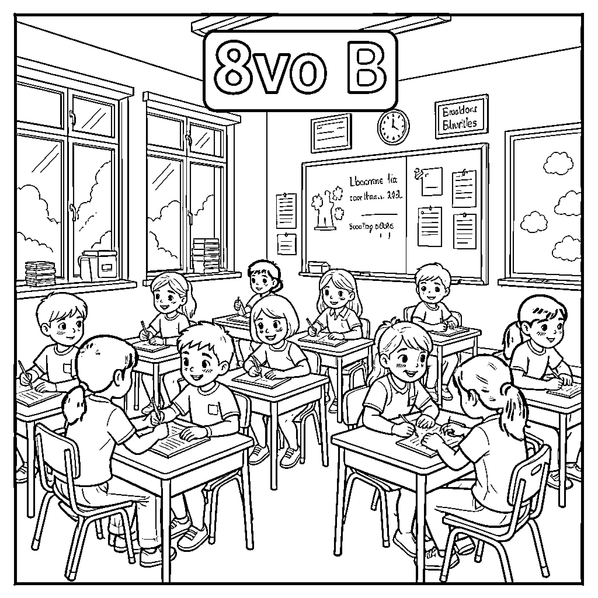 8vo Classroom Scene with Students and Chalkboard Coloring Page (free black-and-white line drawing printable PDF for all, from beginners to advanced learners, including children, teens, adults, and seniors)