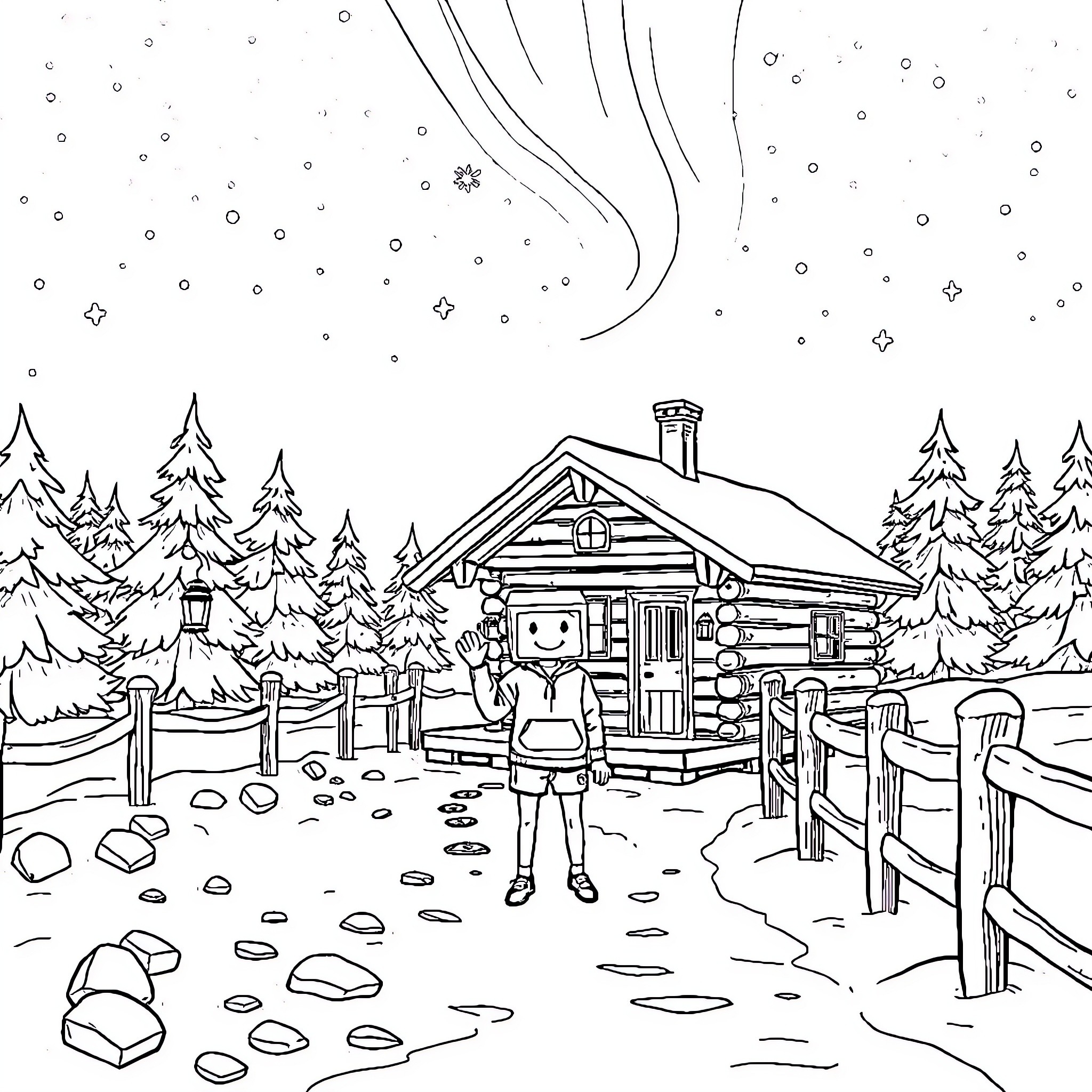 Cabin in the snowy forest with a person Coloring Page (free black-and-white line drawing printable PDF for all, from beginners to advanced learners, including children, teens, adults, and seniors)