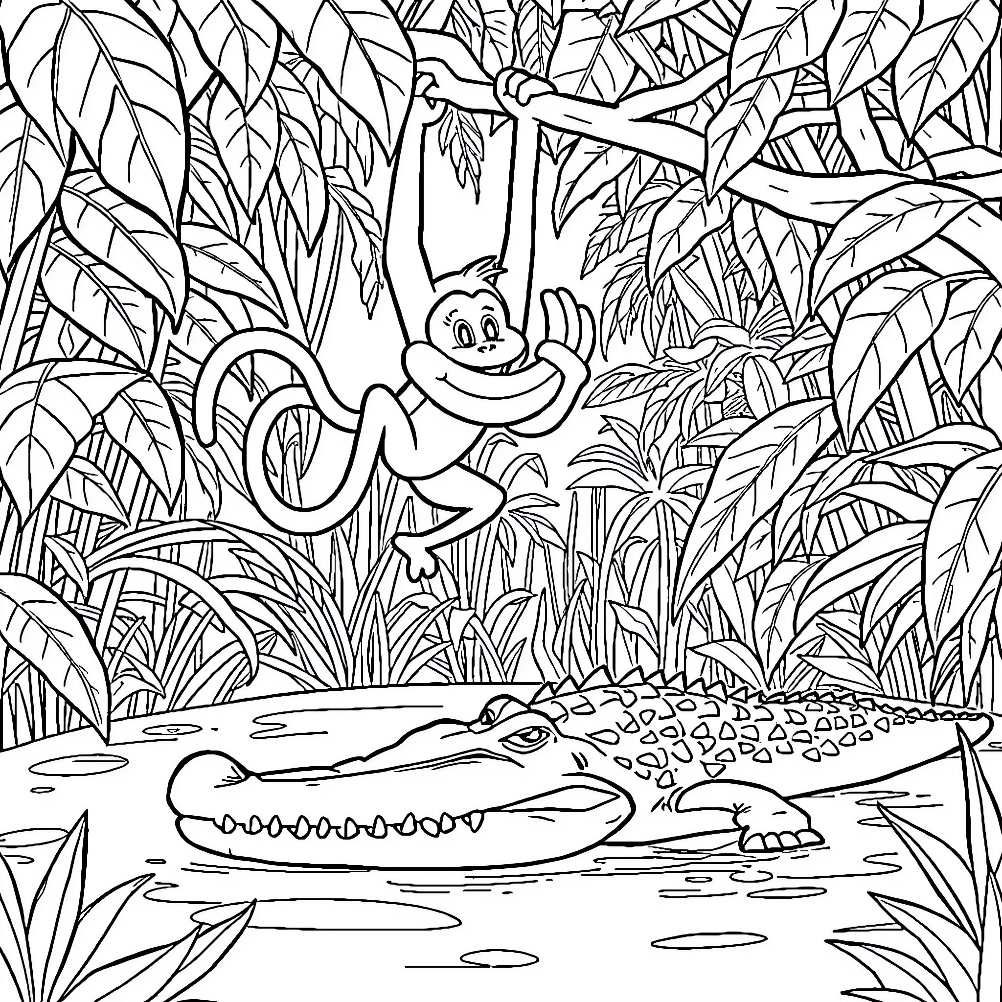 Monkey playing in the jungle with crocodile Coloring Page (free black-and-white line drawing printable PDF for all, from beginners to advanced learners, including children, teens, adults, and seniors)