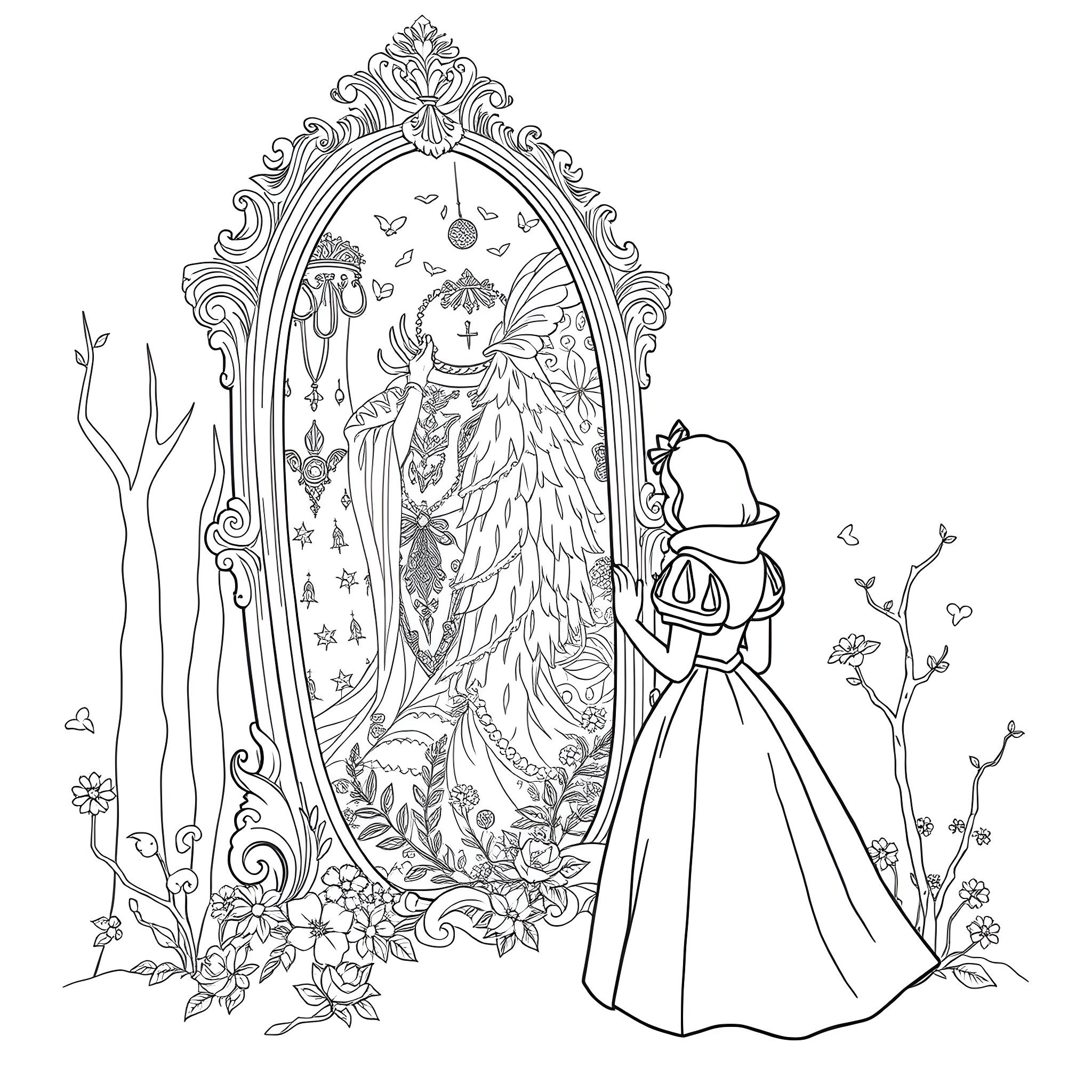 Magic Mirror with Enchanted Princess and Mystical Elements Coloring Page (free black-and-white line drawing printable PDF for all, from beginners to advanced learners, including children, teens, adults, and seniors)