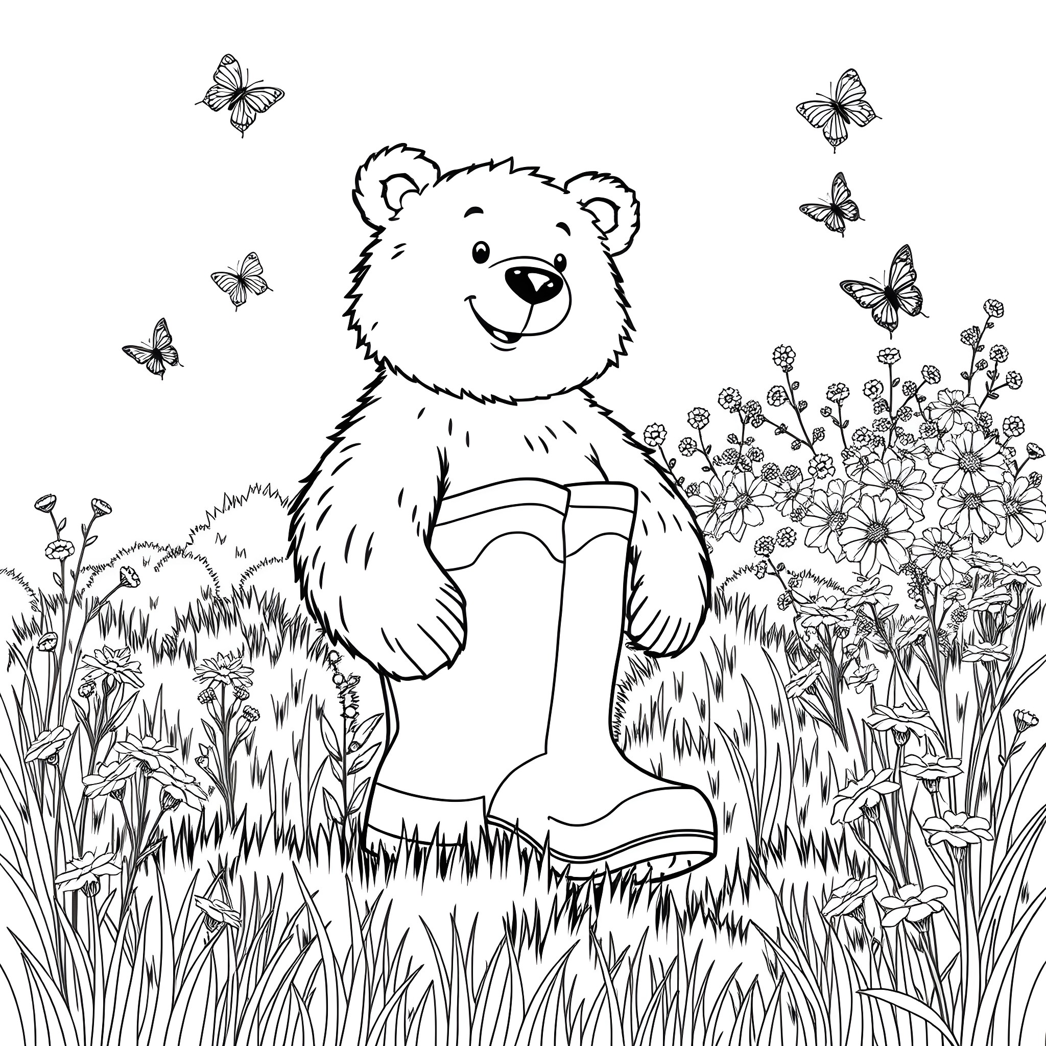 Bear exploring a floral meadow with butterflies Coloring Page (free black-and-white line drawing printable PDF for all, from beginners to advanced learners, including children, teens, adults, and seniors)
