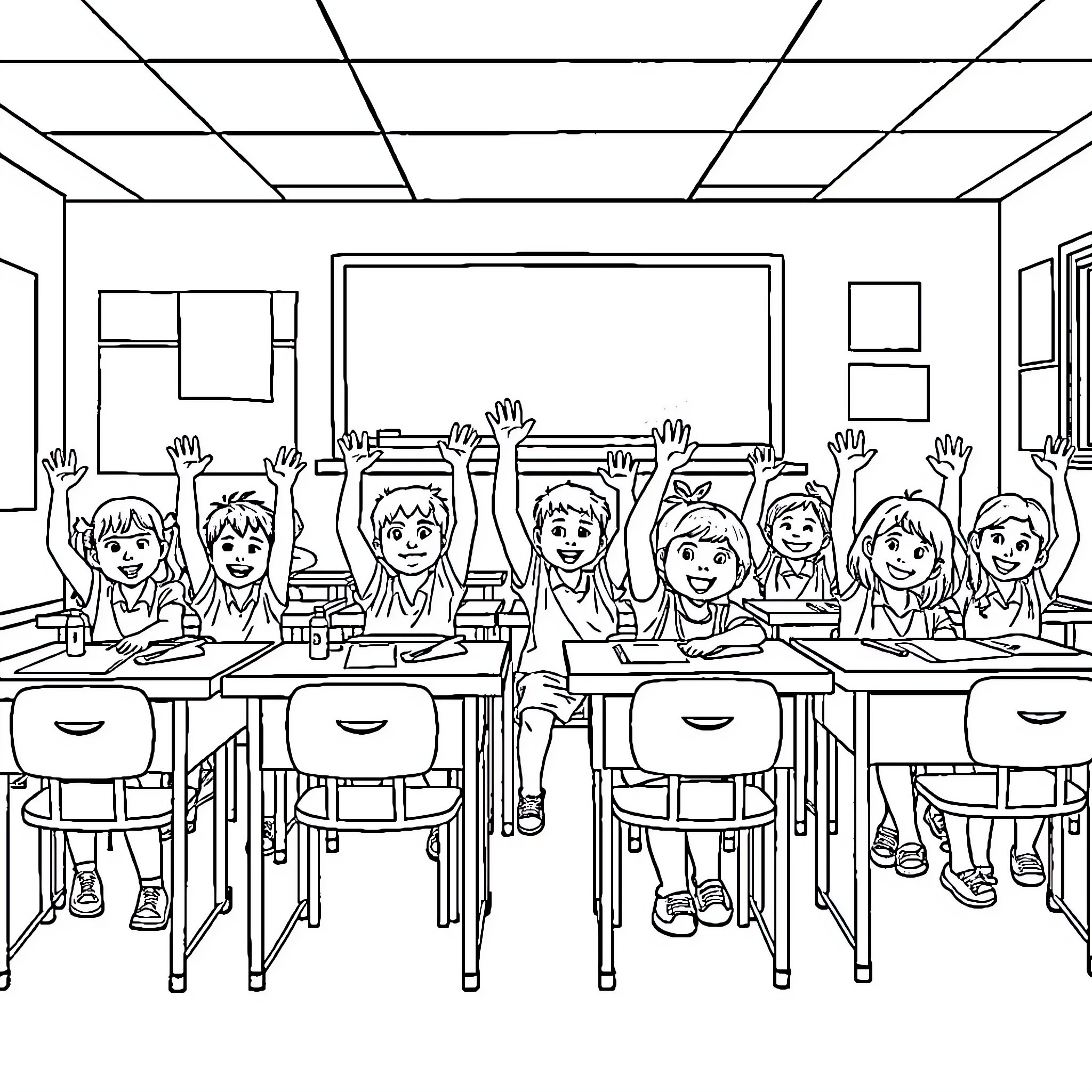 Student Classroom with Raised Hands in Learning Activity Coloring Page (free black-and-white line drawing printable PDF for all, from beginners to advanced learners, including children, teens, adults, and seniors)