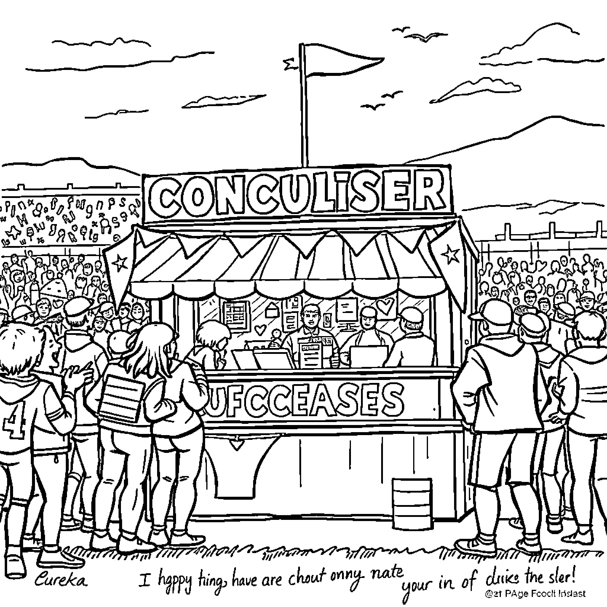 Concession Stand with Bustling Crowd and Signage Coloring Page (free black-and-white line drawing printable PDF for all, from beginners to advanced learners, including children, teens, adults, and seniors)