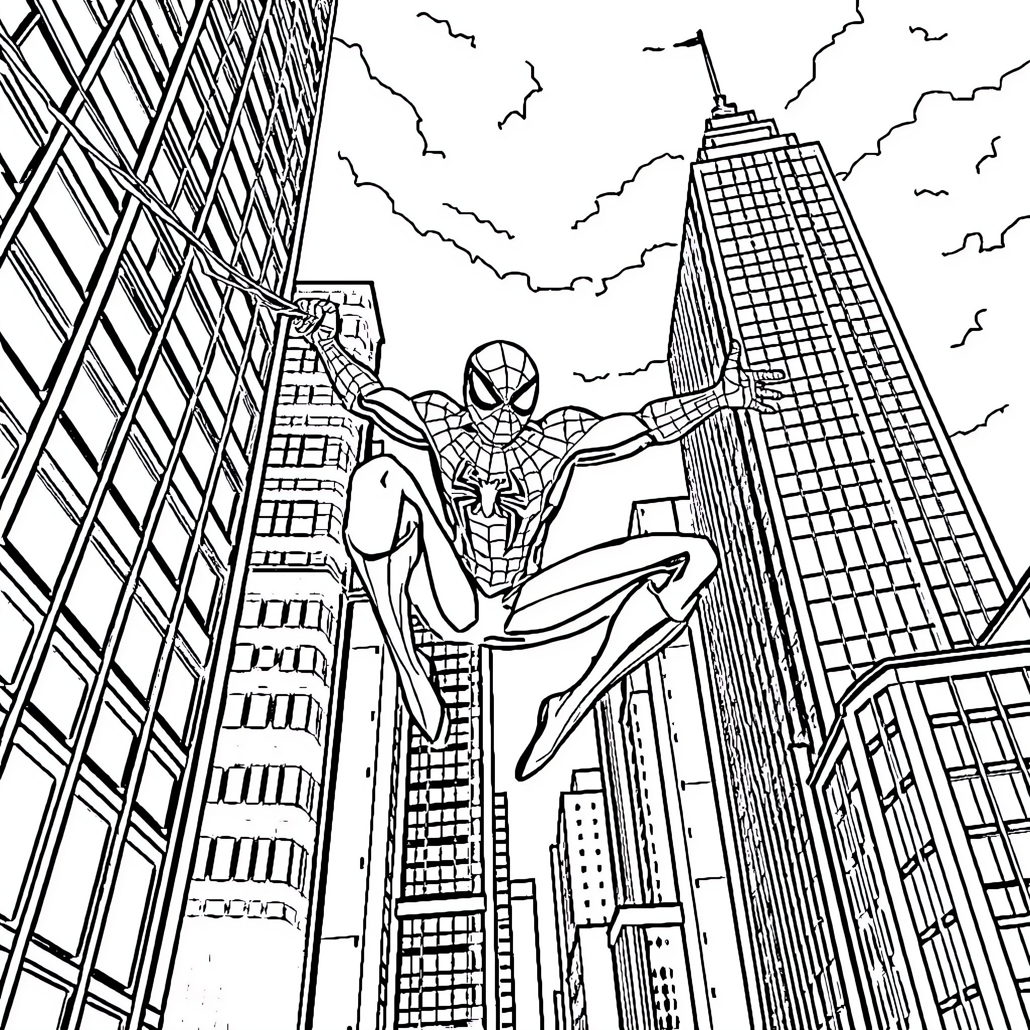Spiderman swinging through the city skyline Coloring Page (free black-and-white line drawing printable PDF for all, from beginners to advanced learners, including children, teens, adults, and seniors)