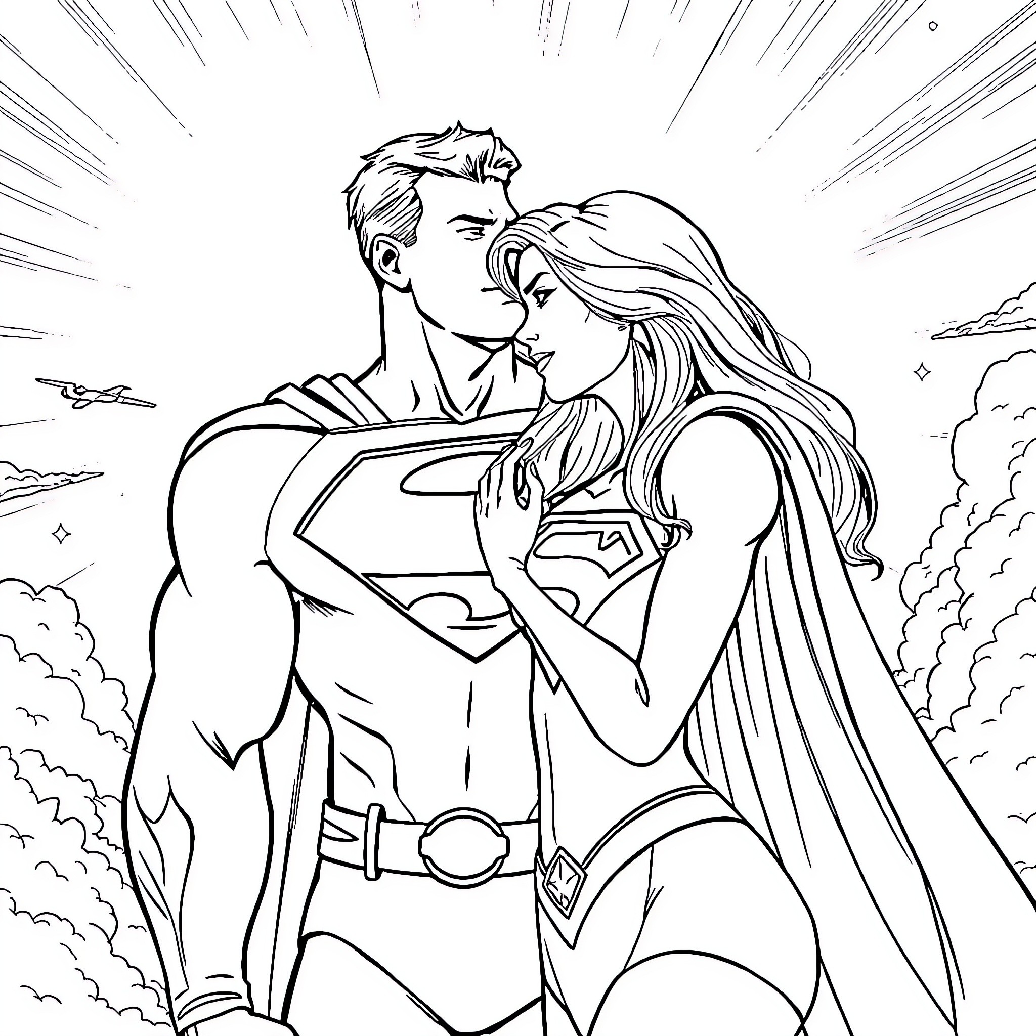 Superman embracing heroine in dramatic scene Coloring Page (free black-and-white line drawing printable PDF for all, from beginners to advanced learners, including children, teens, adults, and seniors)