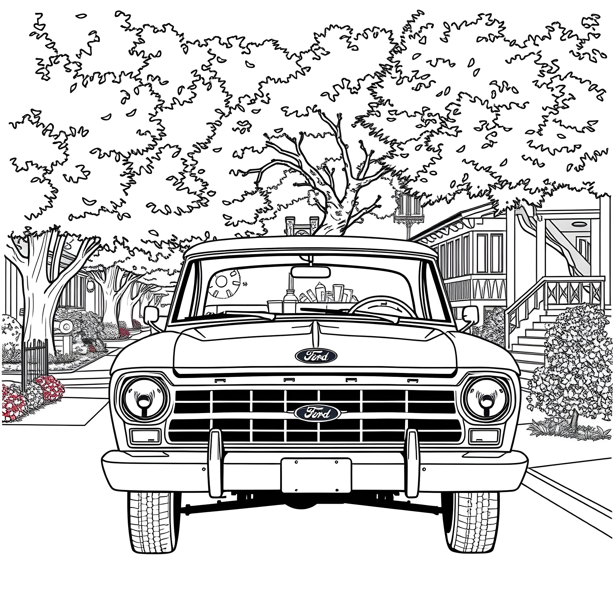 Ford truck driving through suburban neighborhood Coloring Page (free black-and-white line drawing printable PDF for all, from beginners to advanced learners, including children, teens, adults, and seniors)
