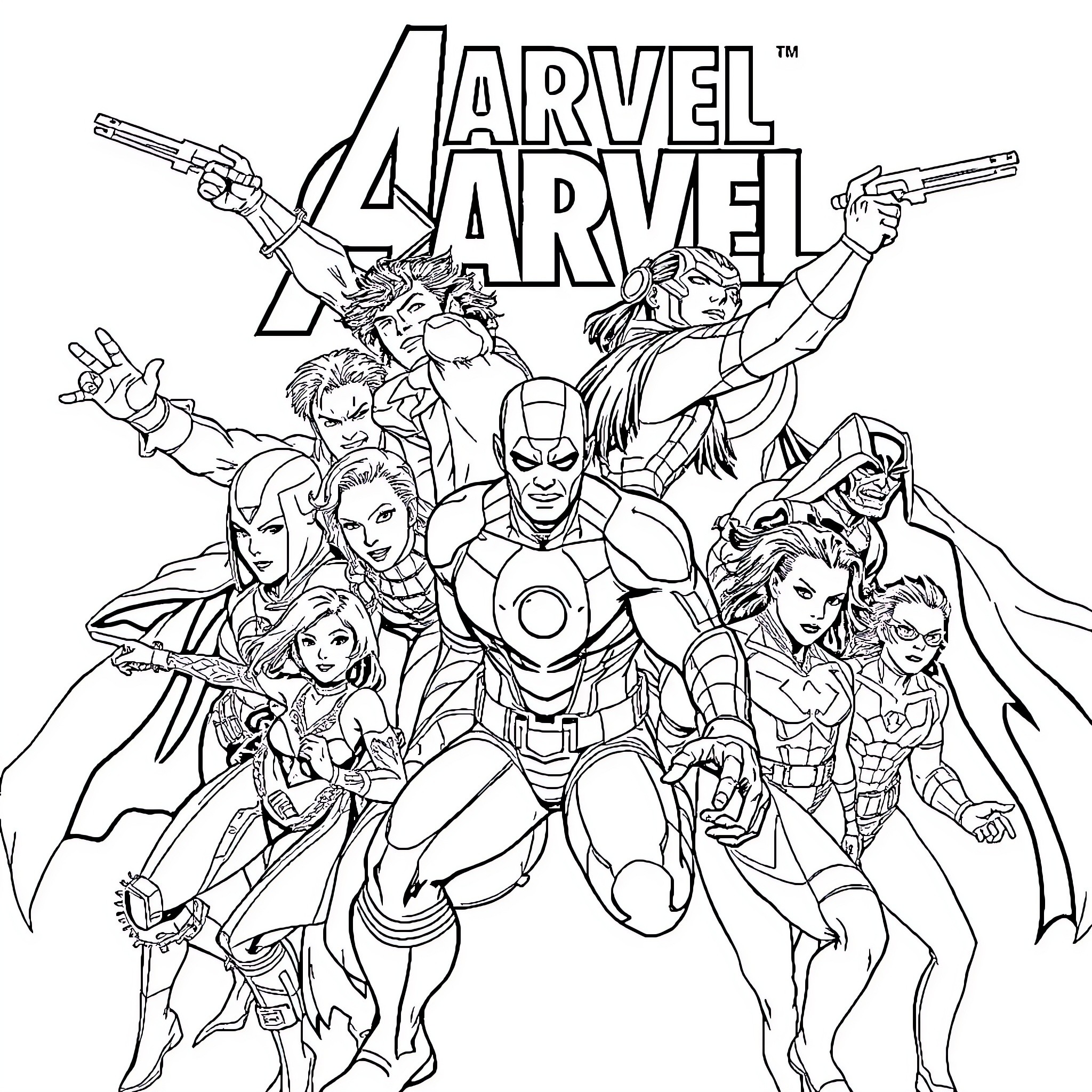Marvel Characters in Heroic Action Poses Coloring Page (free black-and-white line drawing printable PDF for all, from beginners to advanced learners, including children, teens, adults, and seniors)