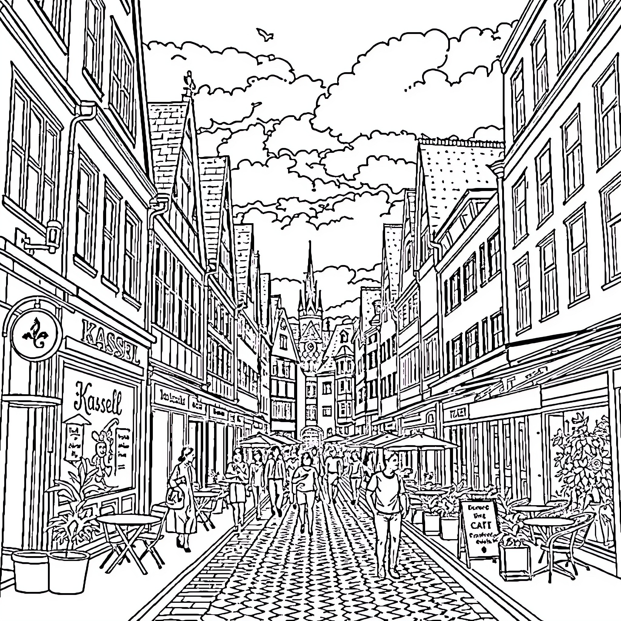 Kassel: Bustling street scene with cafes and pedestrians Coloring Page (free black-and-white line drawing printable PDF for all, from beginners to advanced learners, including children, teens, adults, and seniors)