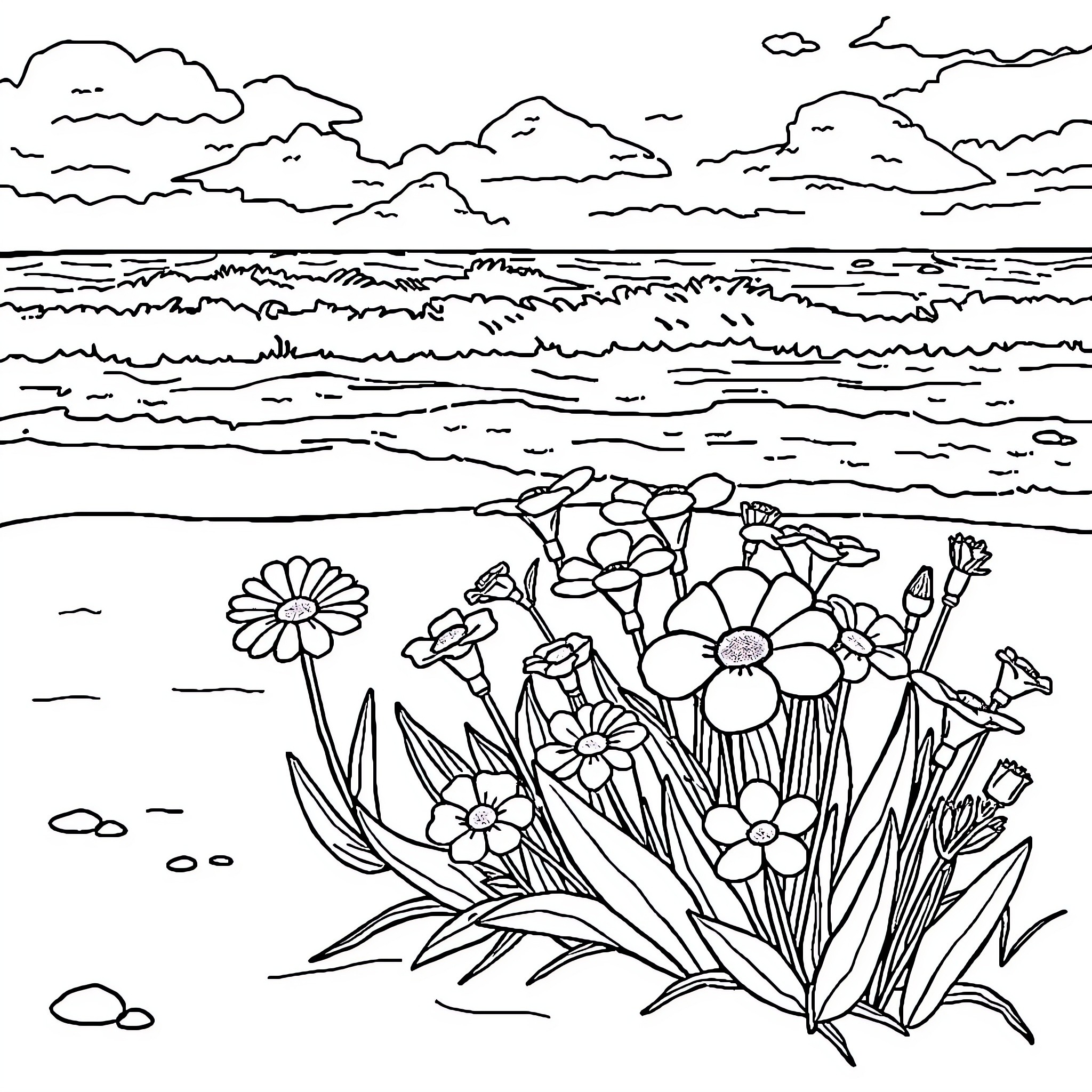 Flower field overlooking the ocean Coloring Page (free black-and-white line drawing printable PDF for all, from beginners to advanced learners, including children, teens, adults, and seniors)