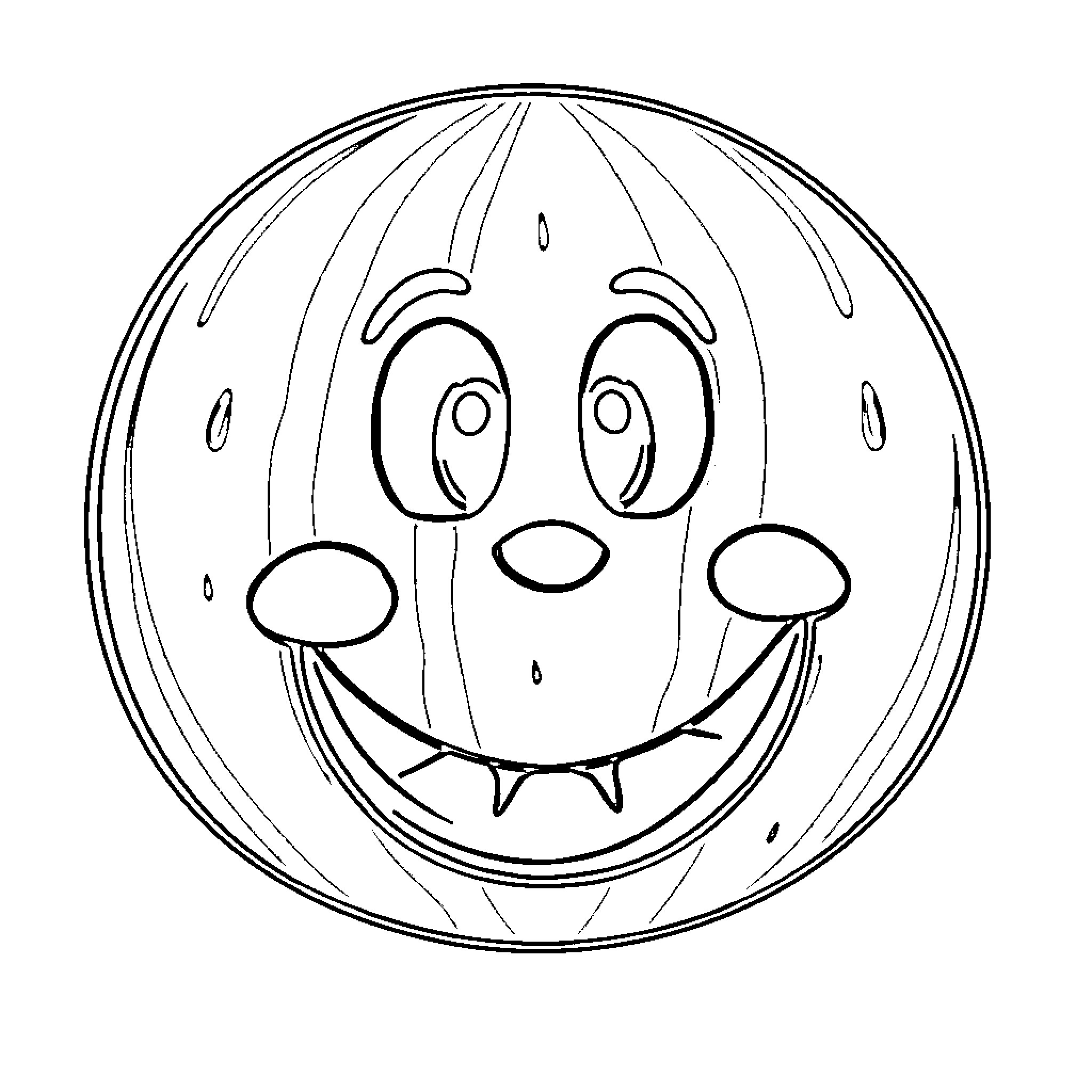 Watermelon with a smiling face Coloring Page (free black-and-white line drawing printable PDF for all, from beginners to advanced learners, including children, teens, adults, and seniors)